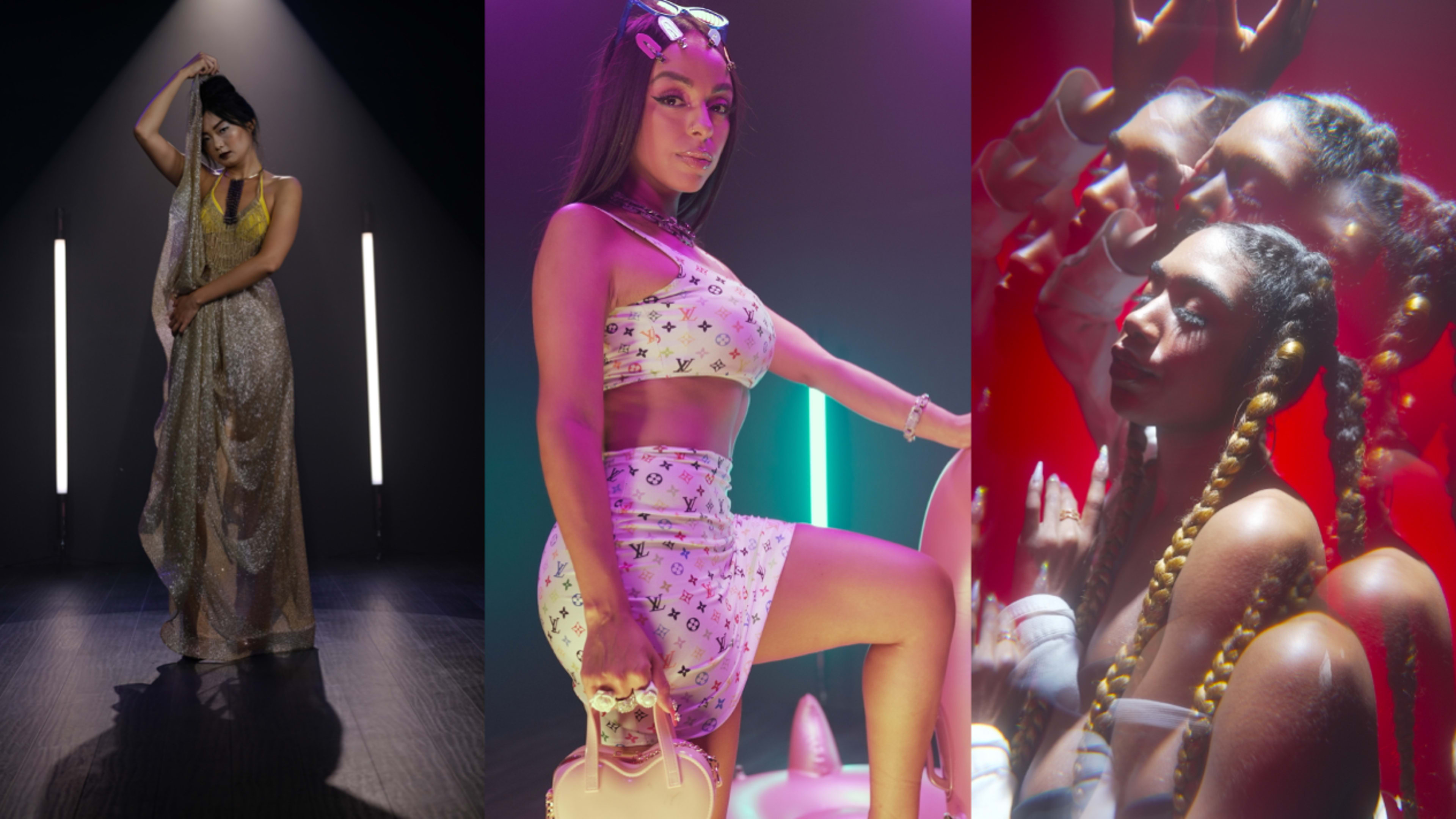 Three different scenes: a woman poses elegantly in a traditional outfit under dramatic lighting, another woman sits confidently in a stylish outfit with a purse, and a third set of women huddle together with a vibrant backdrop.