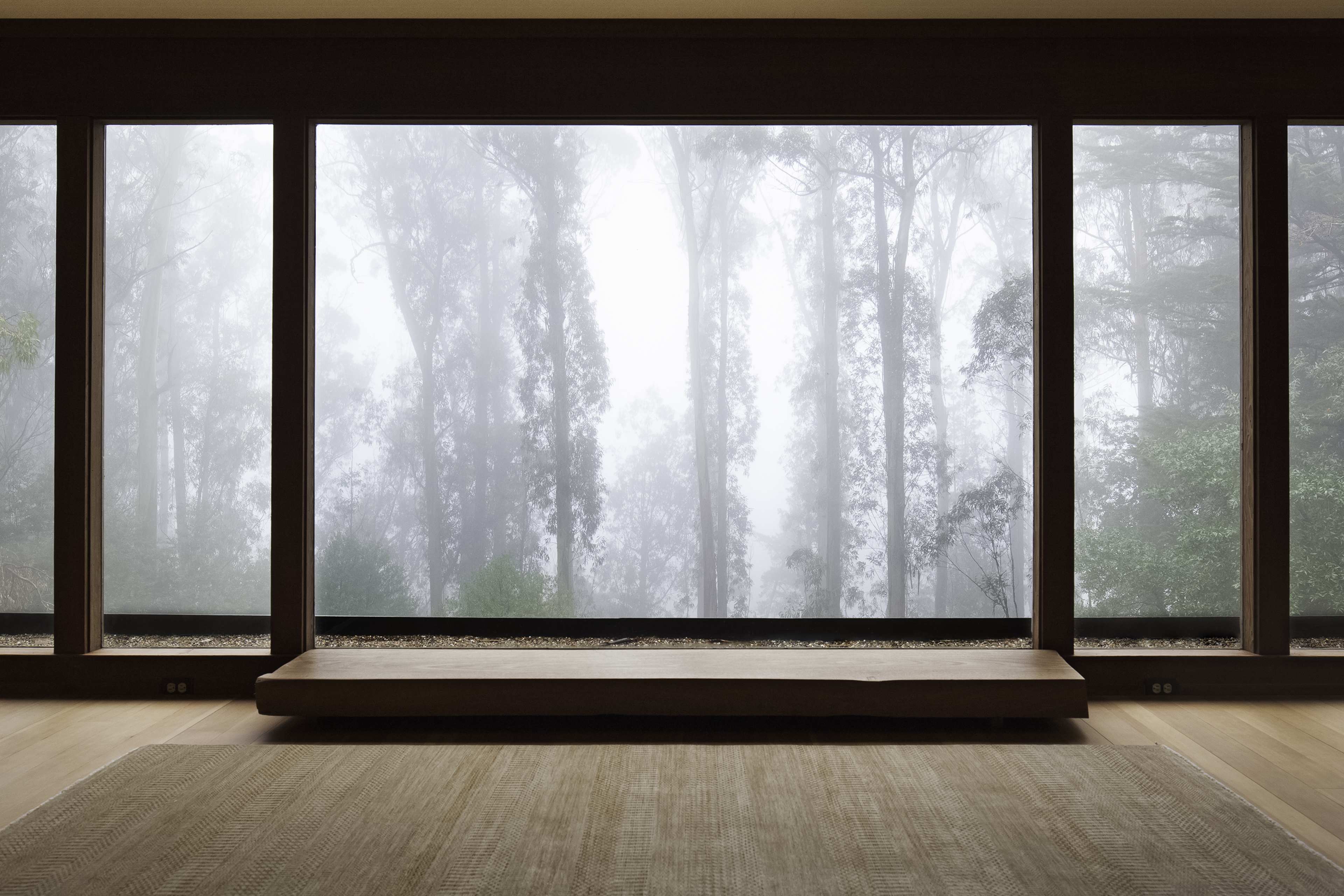 A minimalist interior features a low wooden platform in front of large windows offering a misty view of trees.