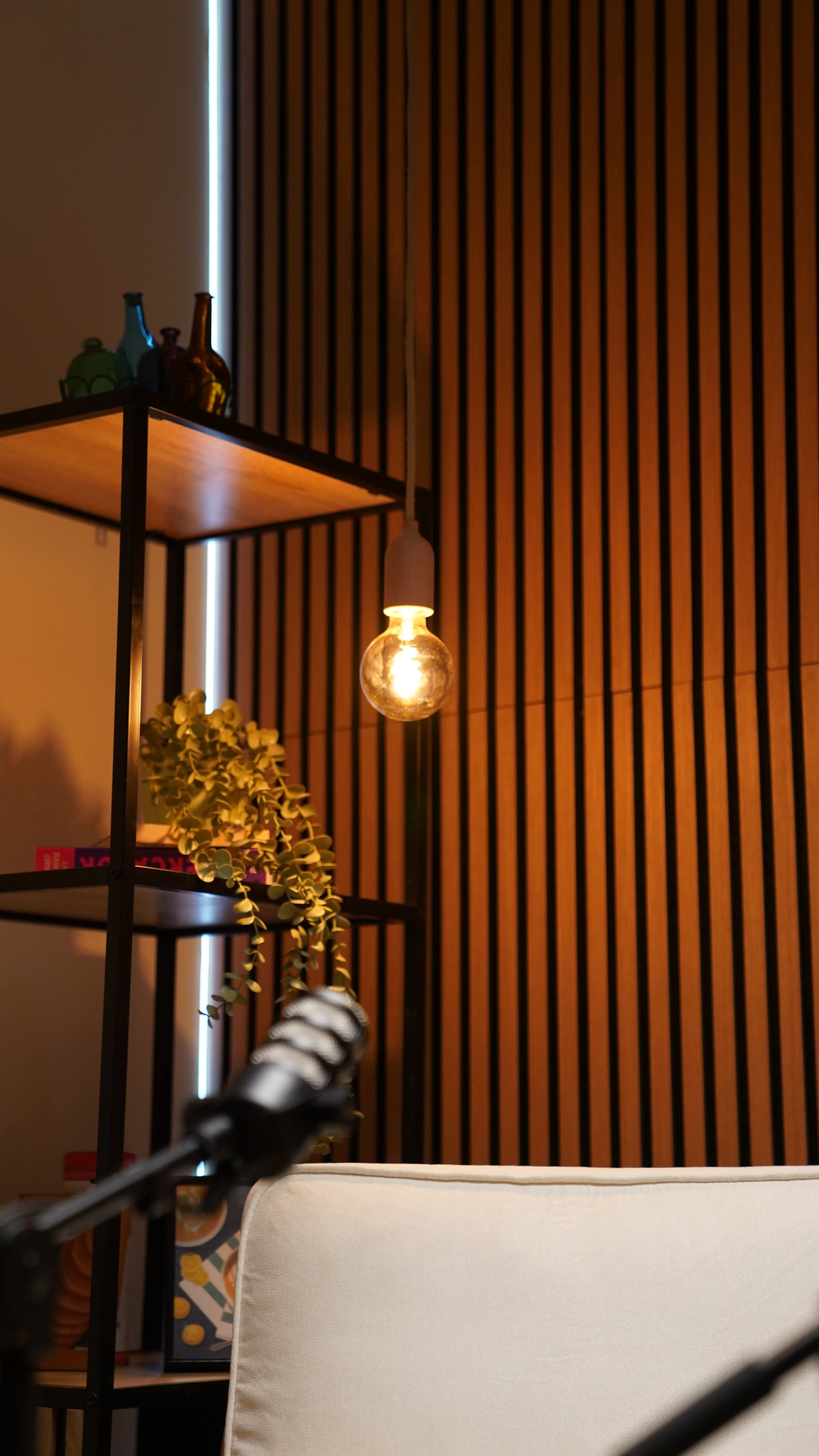 The image shows a well-lit interior space featuring a shelf with decorative items, a hanging light bulb, and a wall with vertical wooden slats.