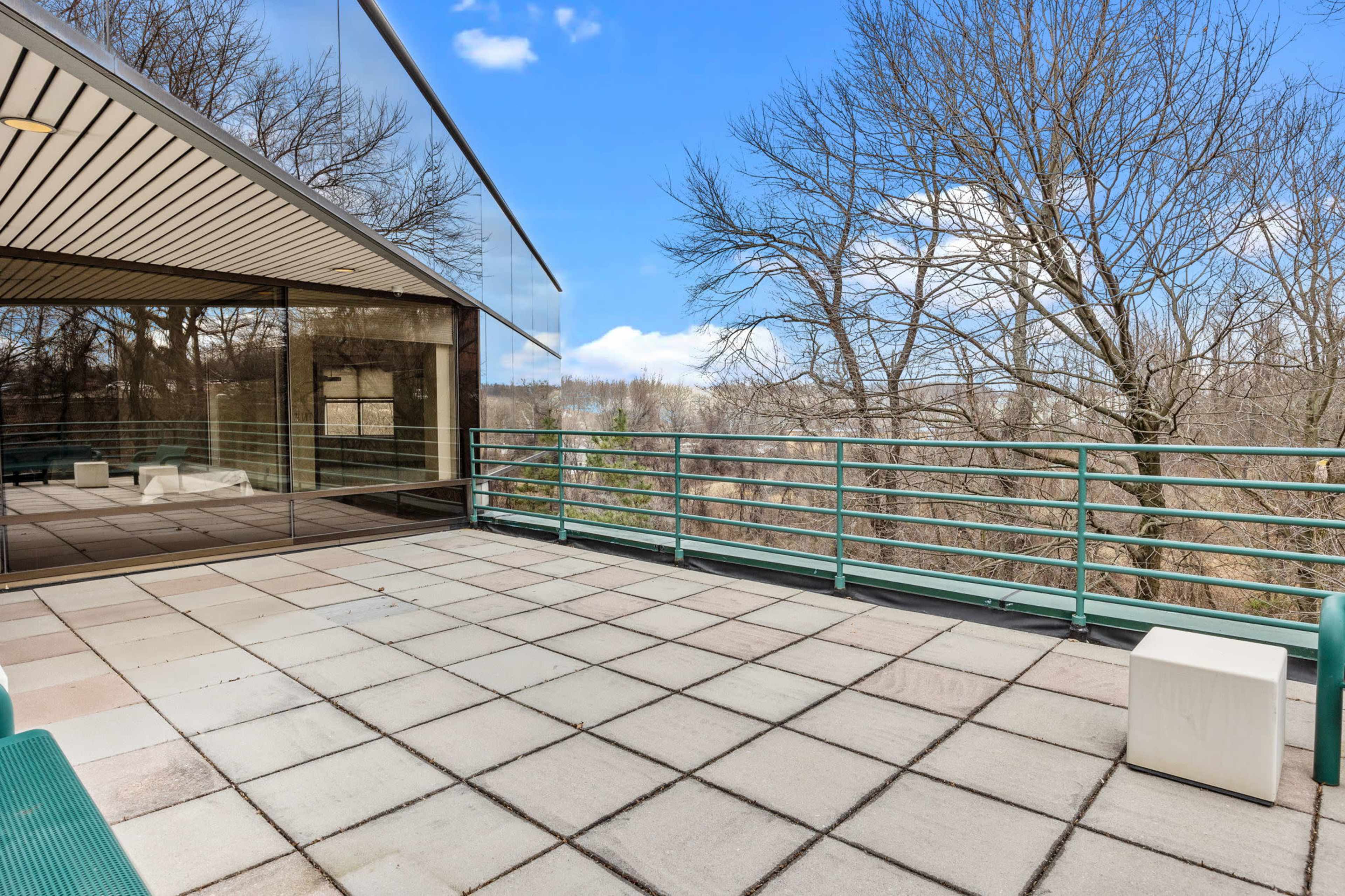 A modern patio area with a flat, paved surface, surrounded by a railing and overlooking bare trees in the background.