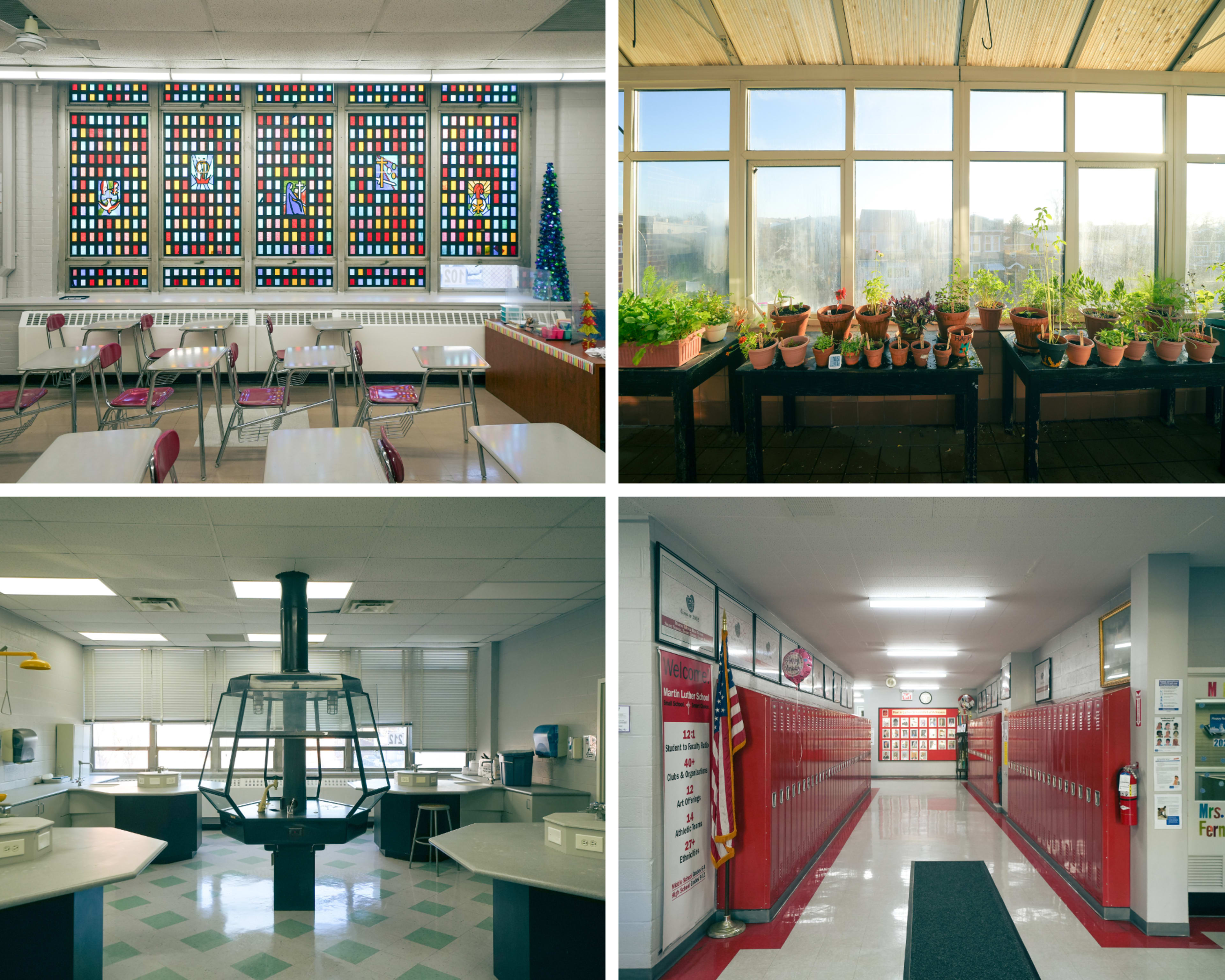 The image shows four scenes from a school: a classroom with a colorful stained glass window, a sunlit greenhouse filled with potted plants, a cafeteria area with a large kitchen hood, and a hallway lined with red lockers.