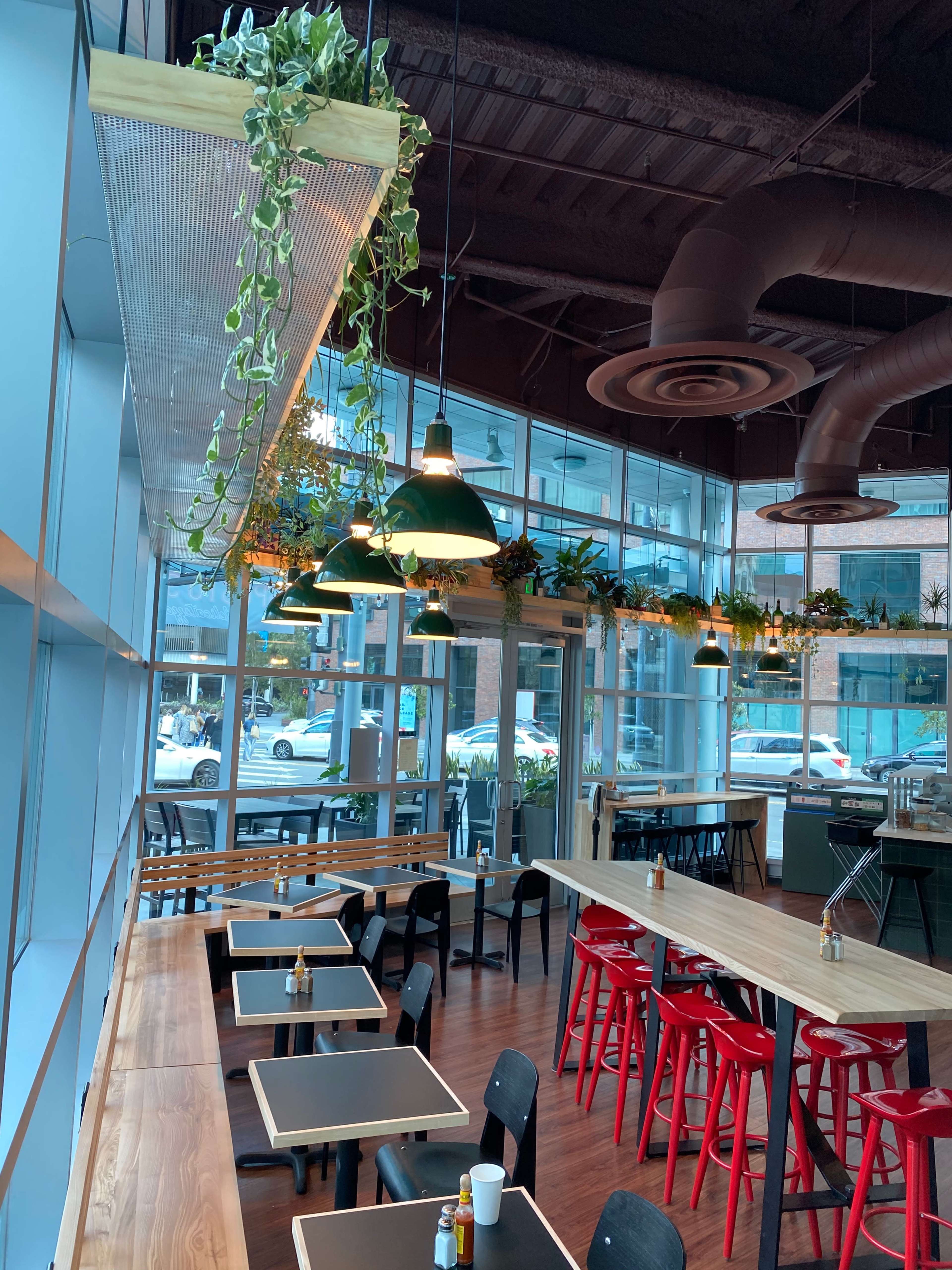 A modern café interior featuring wooden tables and red chairs, with green pendant lamps and indoor plants hanging from the ceiling near large windows.