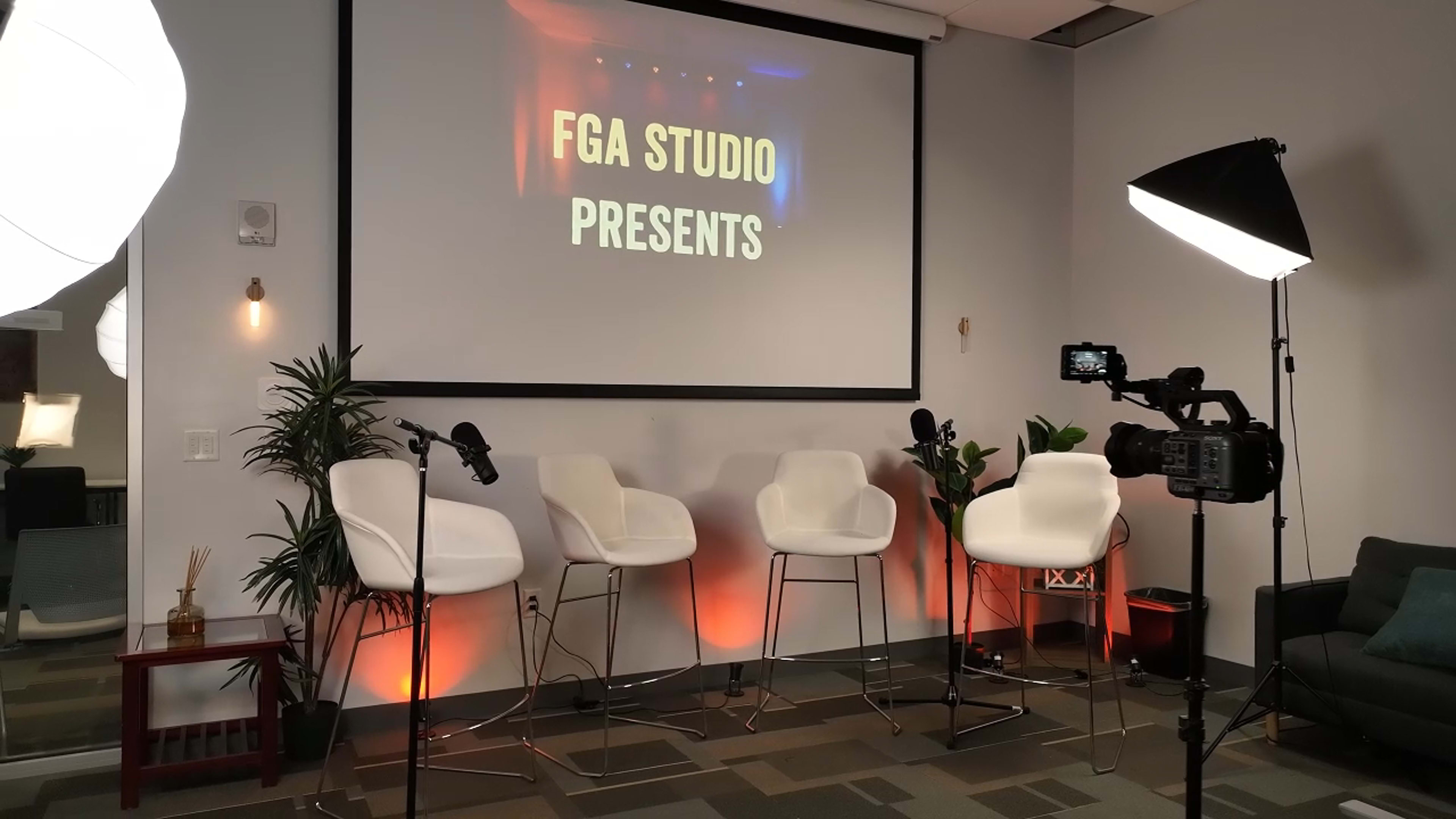 Modern Studio for Podcasts, Panels & Video Production w/ Live Audience Event Setup Image in Downtown Miami, Miami, FL