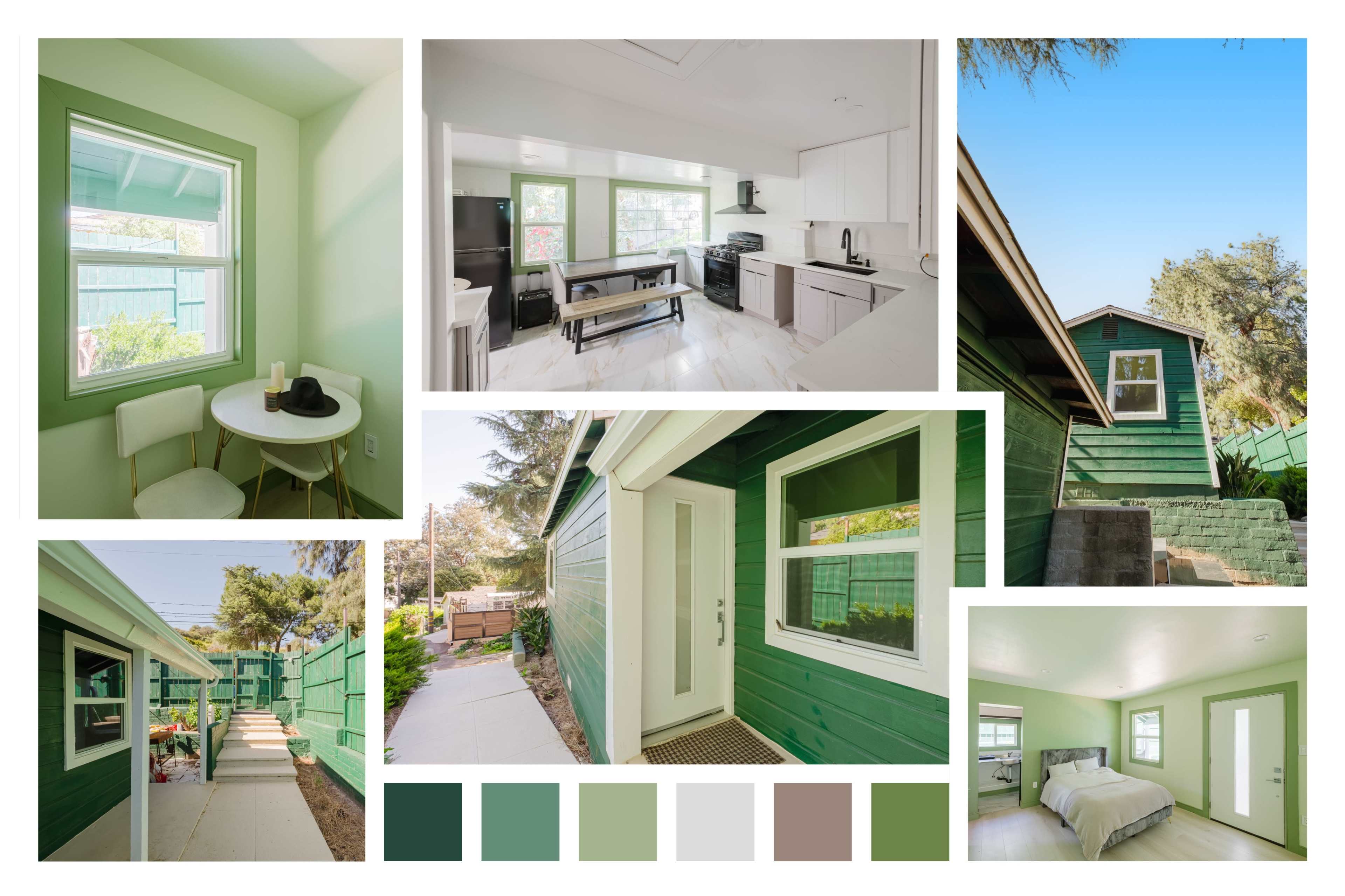 The image showcases a series of photographs depicting a green-themed house interior and exterior, including a kitchen, dining area, entryway, and bedroom.