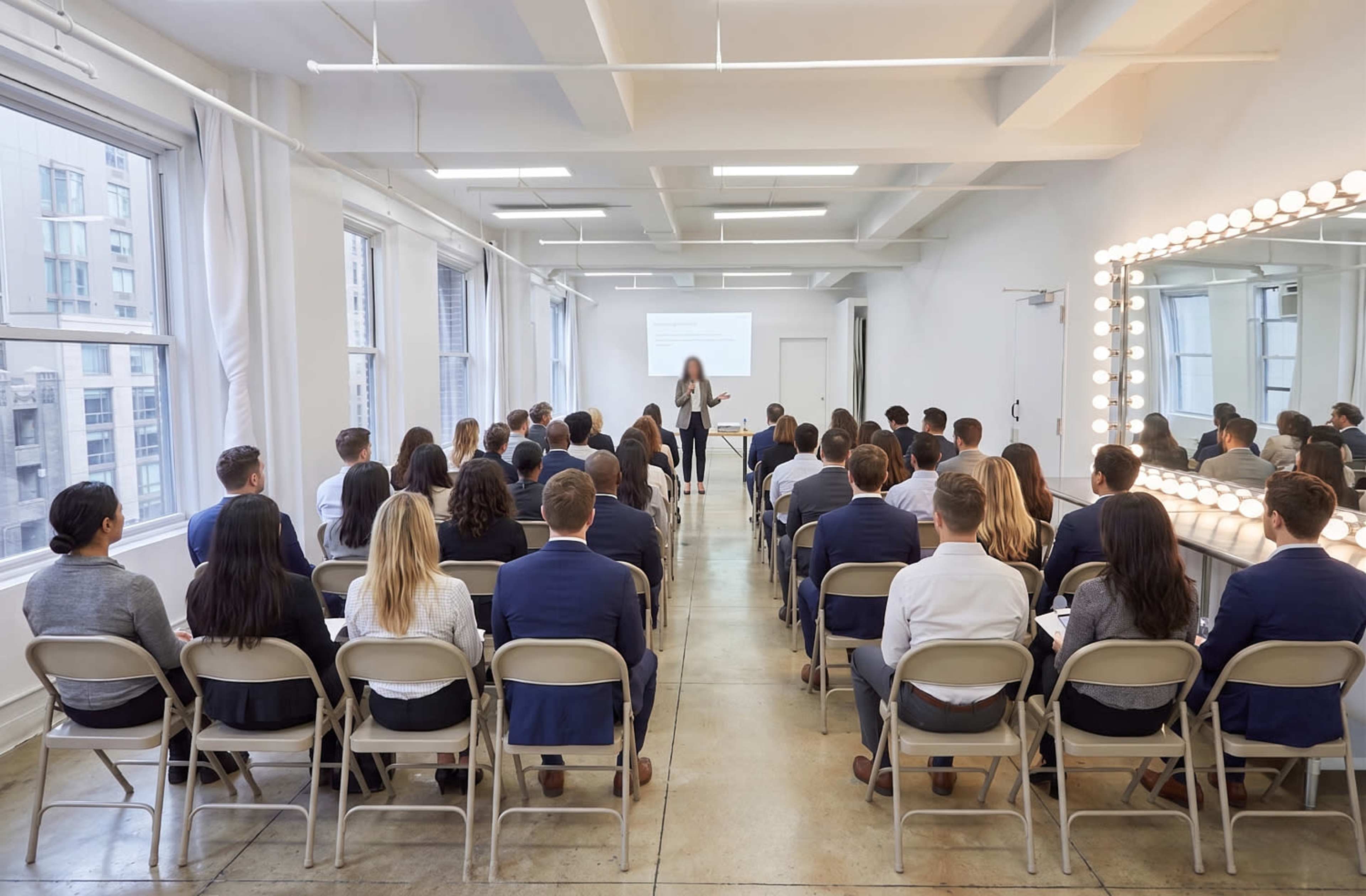 A speaker presents to an audience seated in a spacious, well-lit conference room.