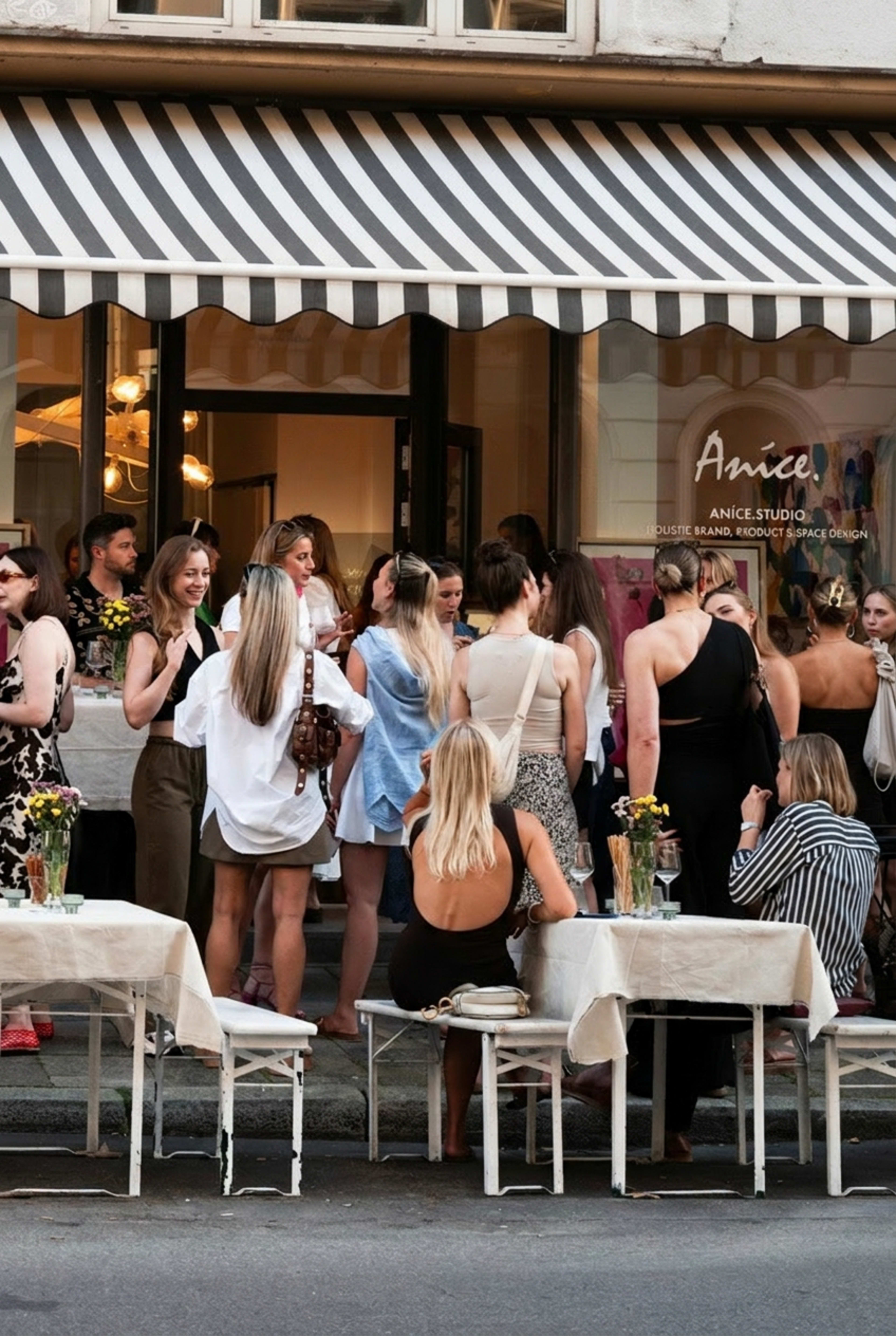 A group of people socialize outside a boutique with tables set on the sidewalk.