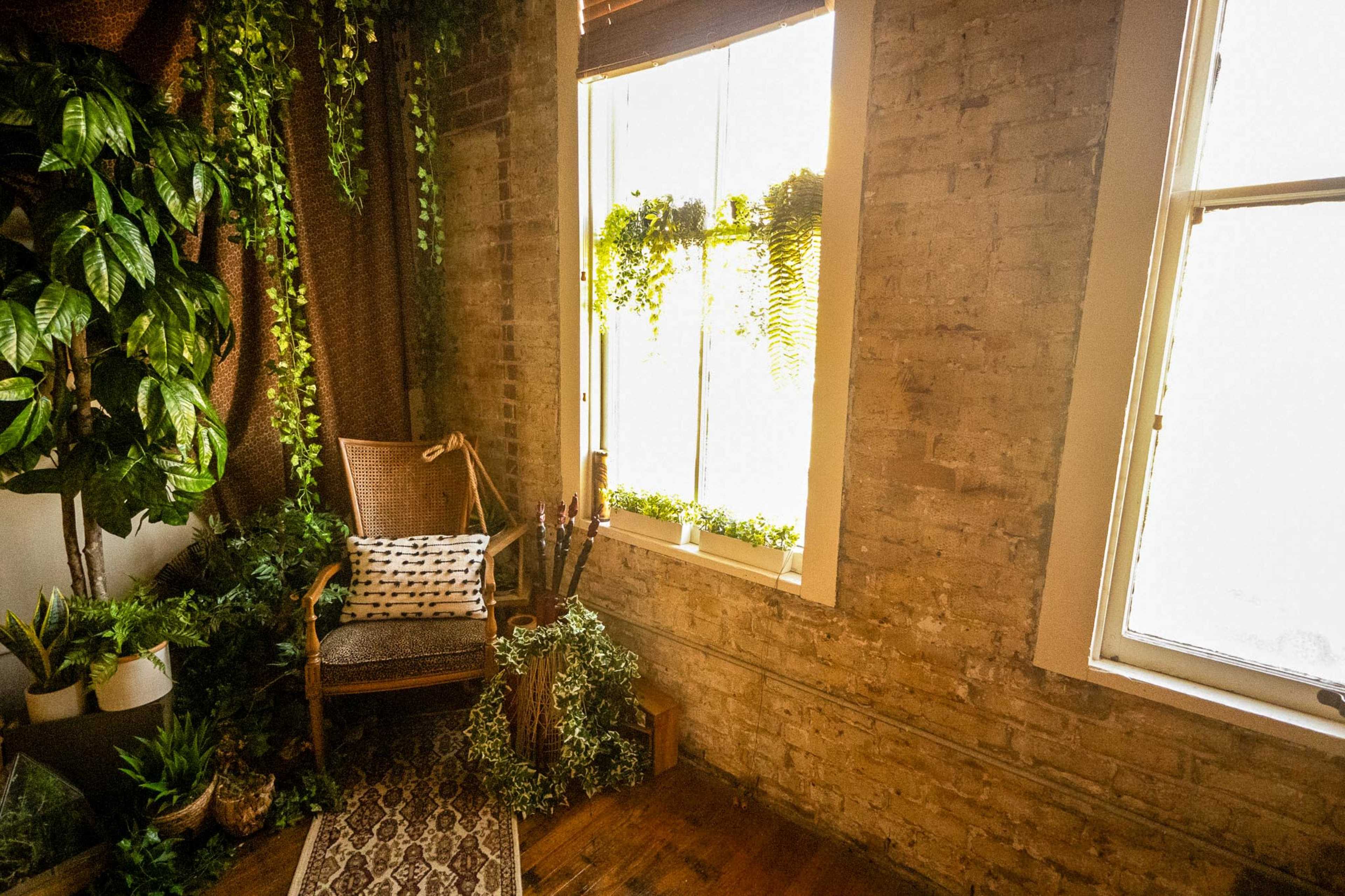 A cozy corner features a wicker chair beside large windows adorned with plants against a brick wall.