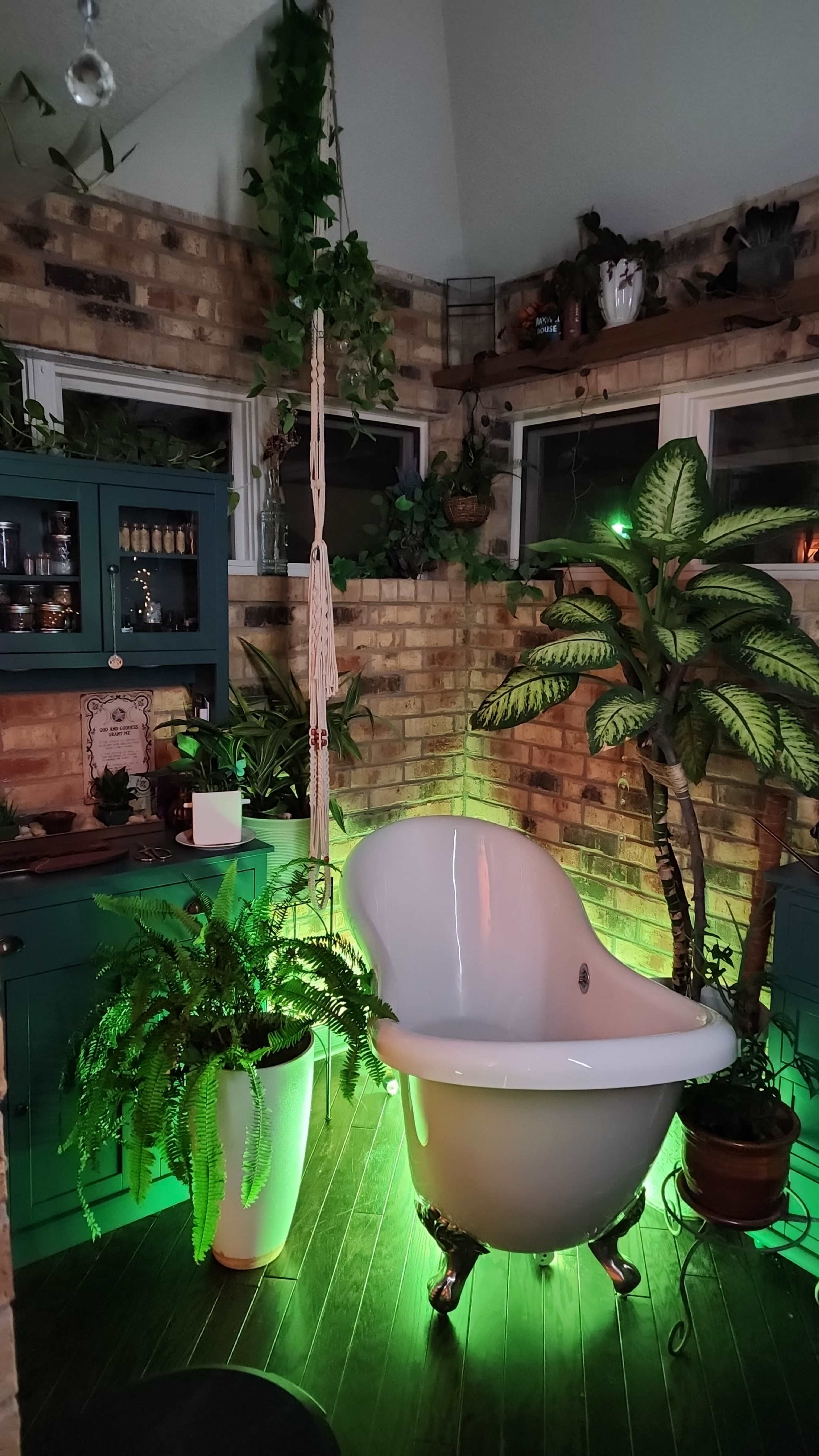 A white clawfoot bathtub is centrally placed in a room adorned with brick walls, green plants, and wooden flooring.