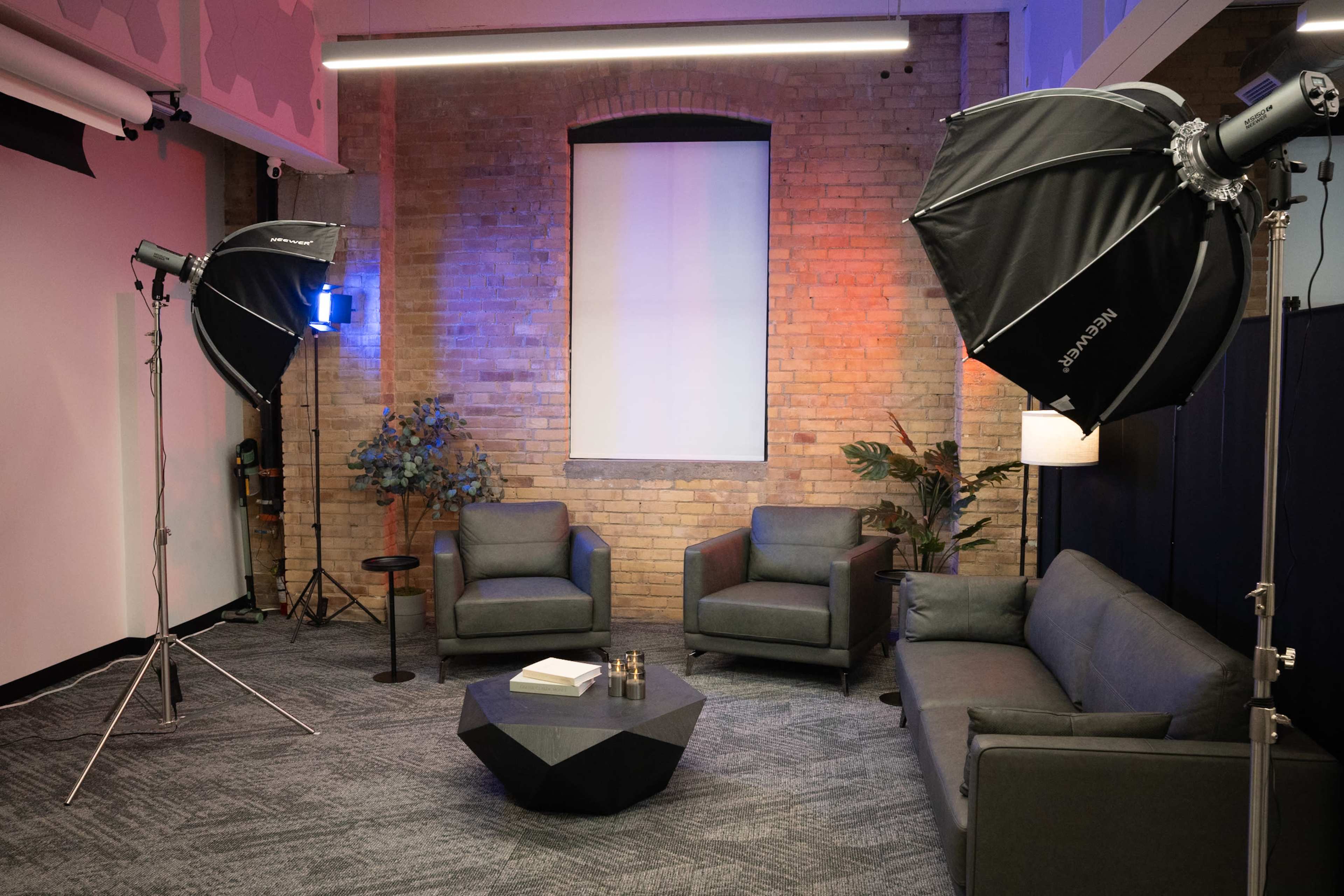 The image shows a studio setup with two large softbox lights, two gray sofas, a small black table, and a plant in a brick-walled room.