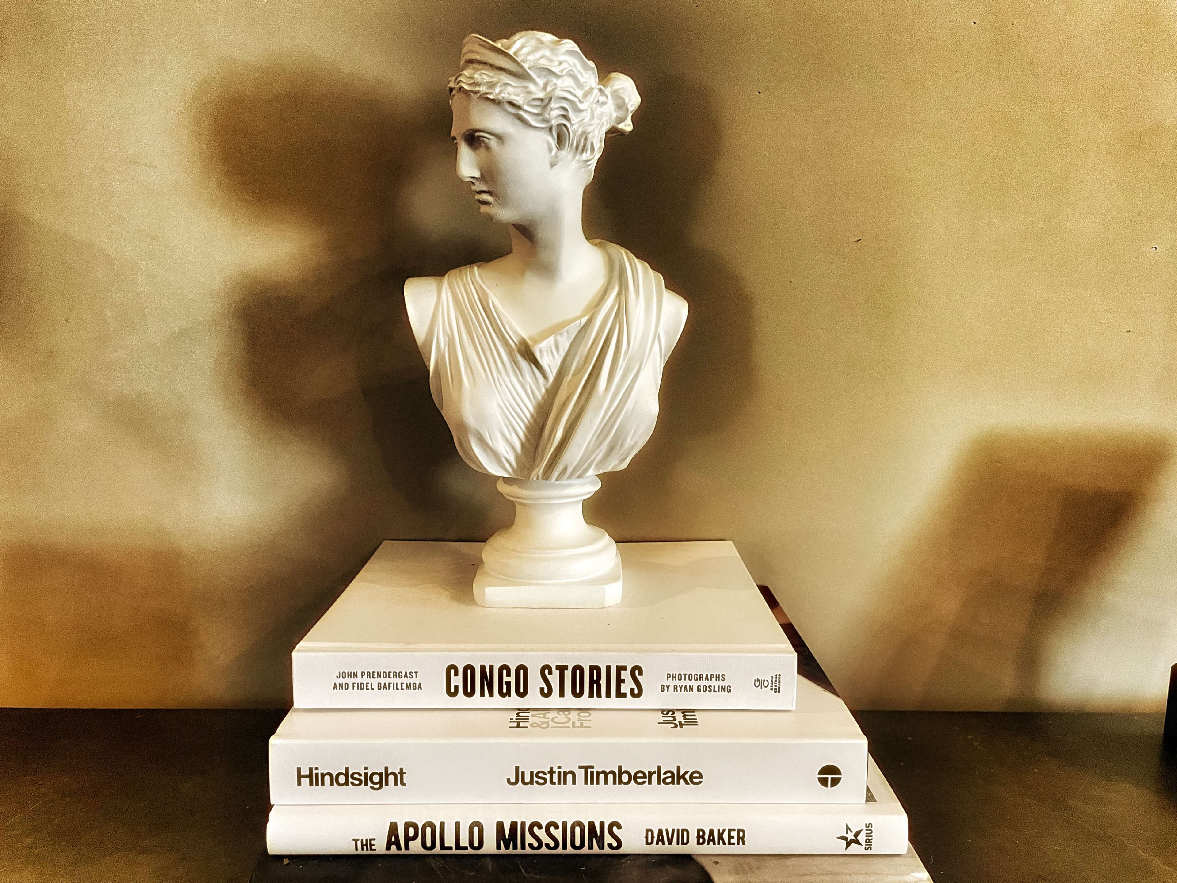 A white marble bust is displayed on top of a stack of books, including titles like "Congo Stories," "Hindsight," and "The Apollo Missions," against a plain background.