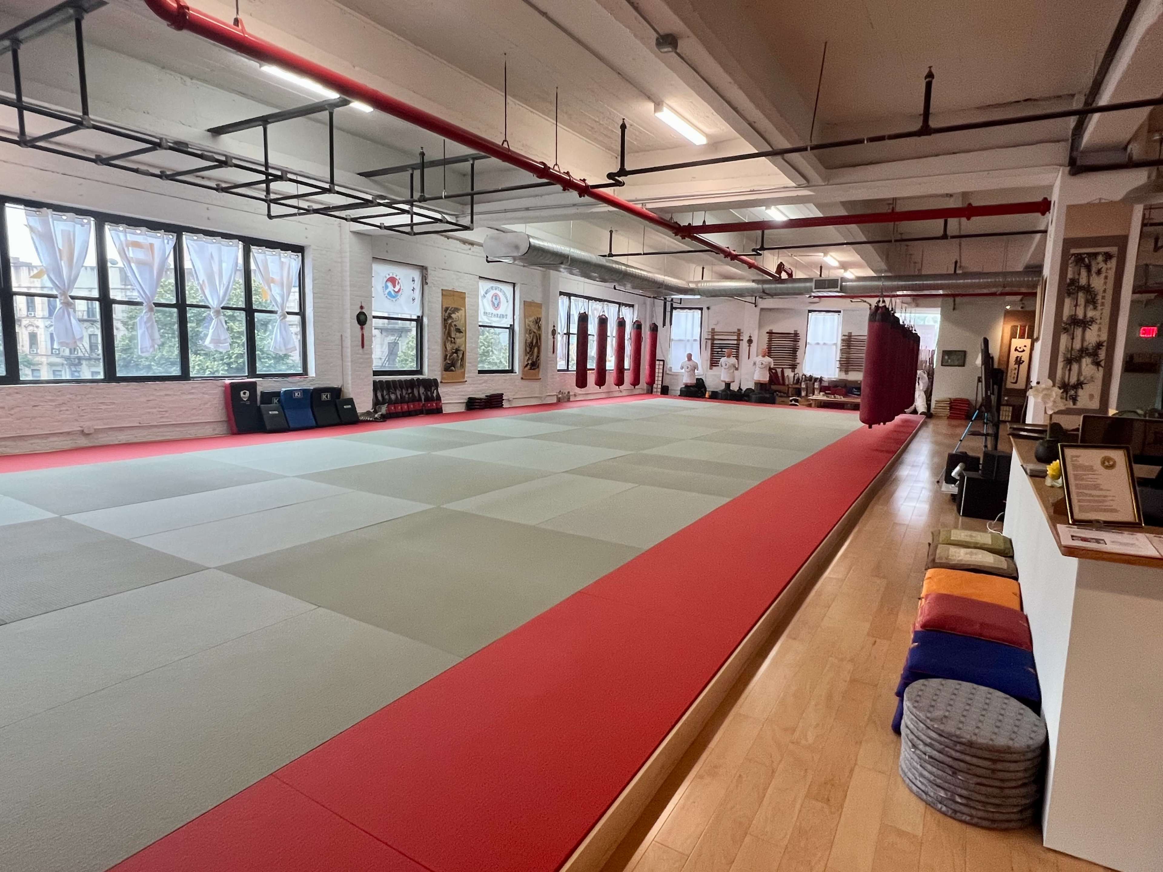 A spacious martial arts studio with light-colored mats, red borders, and a clean, minimalist design.