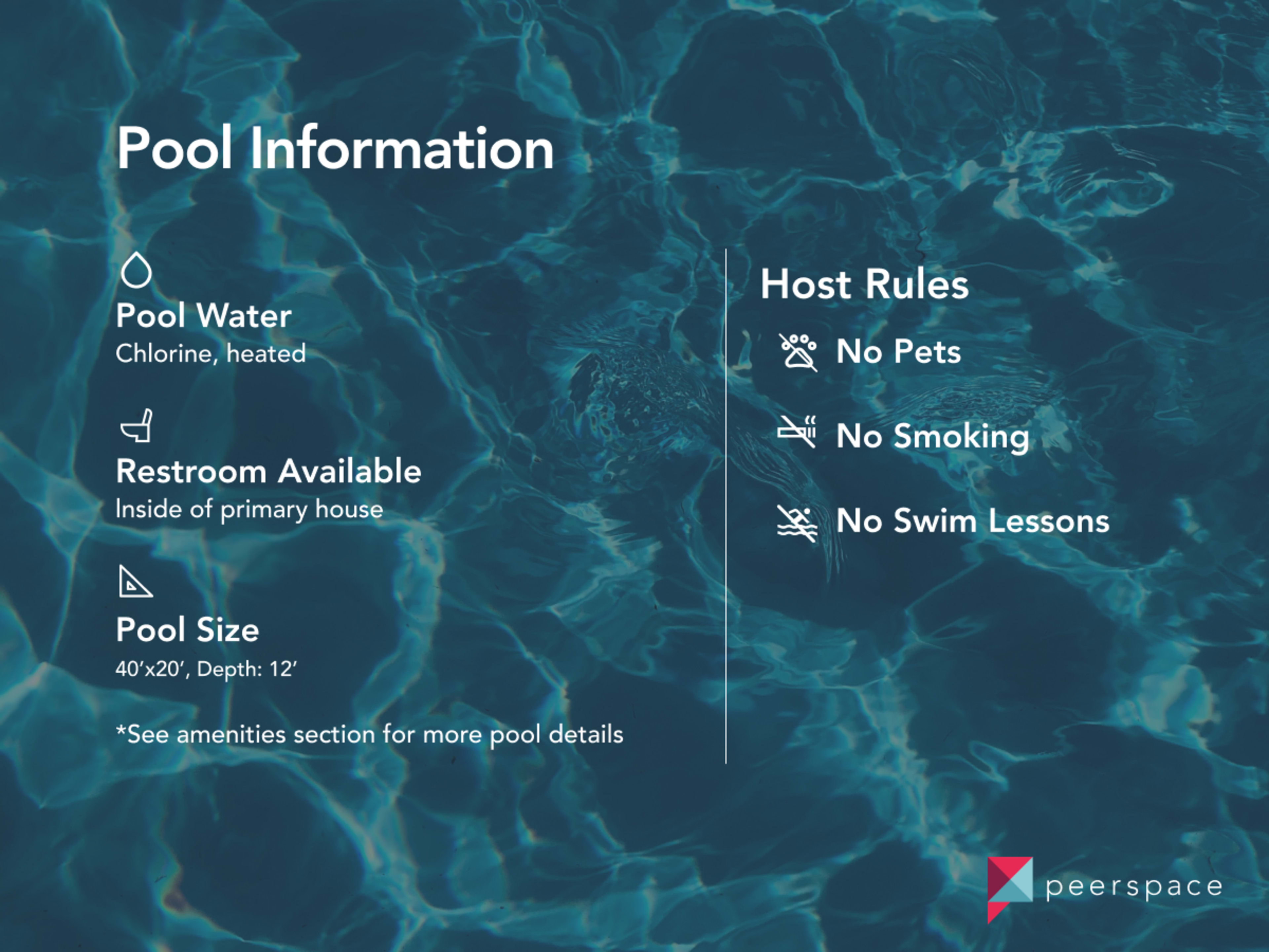Information about pool features and host rules, including details on water type, restroom availability, pool size, and specific regulations.