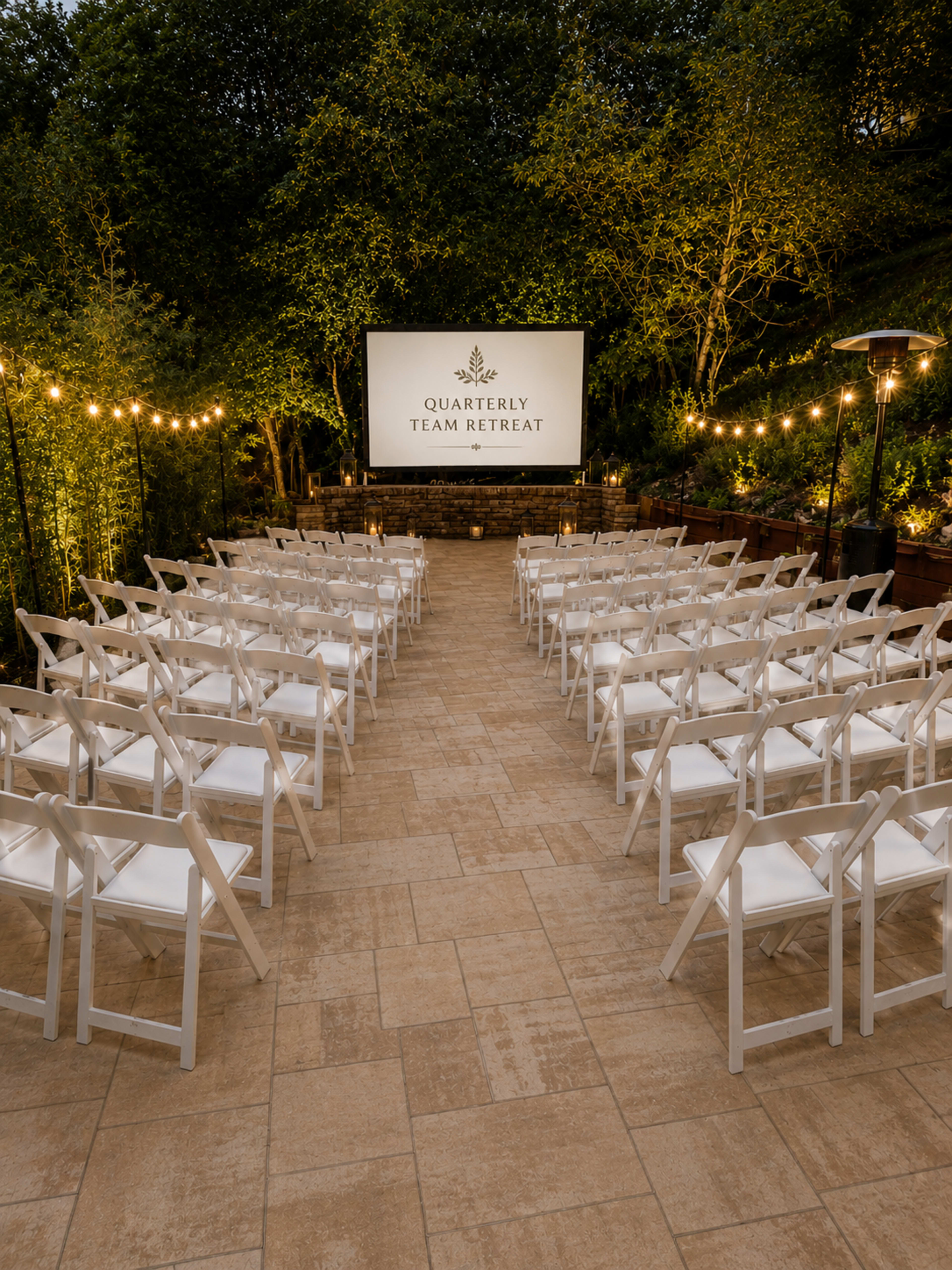 The image shows a neatly arranged outdoor seating area with white chairs facing a large screen displaying "Quarterly Team Retreat," surrounded by trees and string lights.