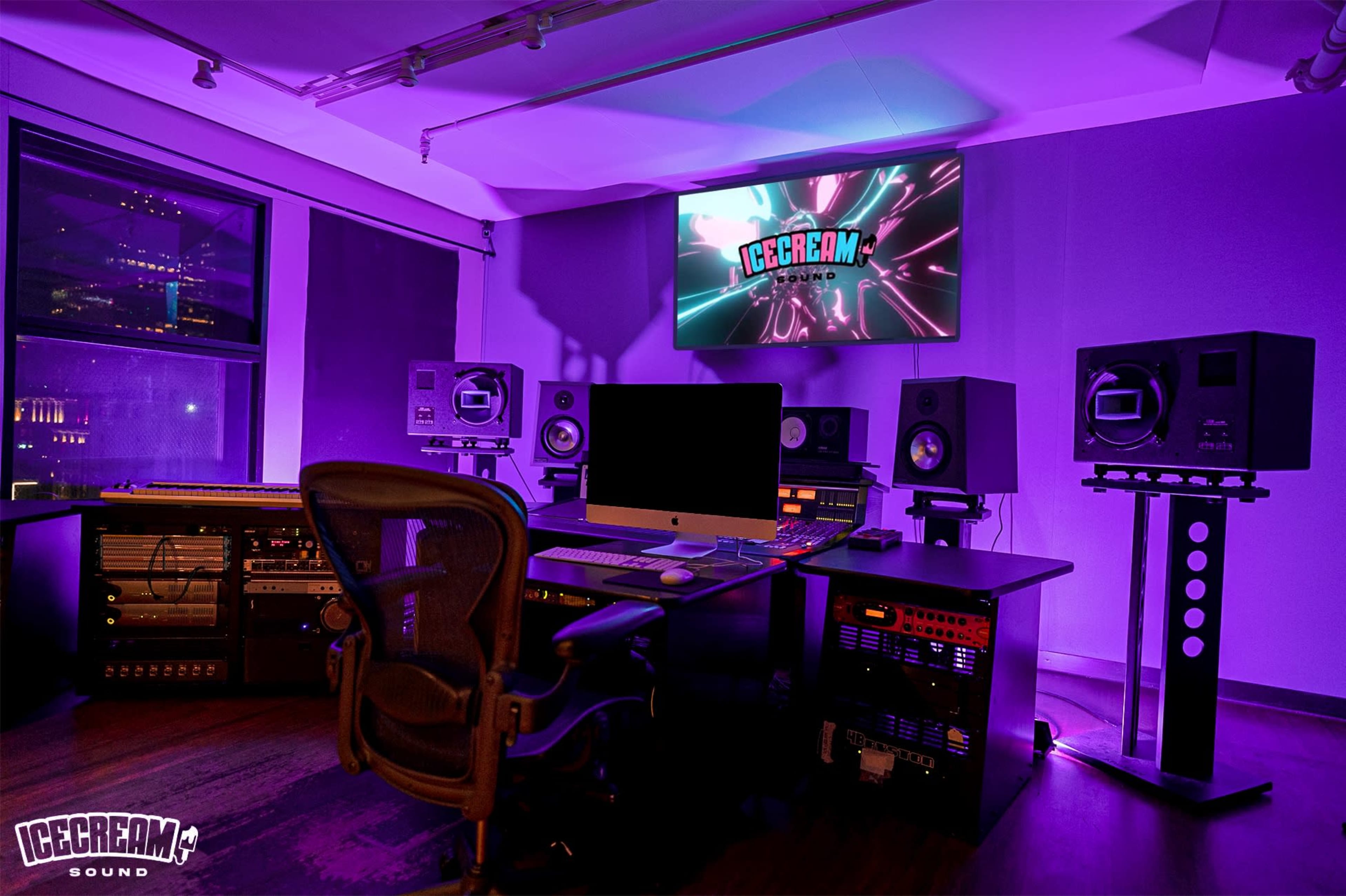 A modern music studio features a central mixing console, large speakers, and ambient purple lighting, with a screen displaying the logo "ICECREAM SOUND."