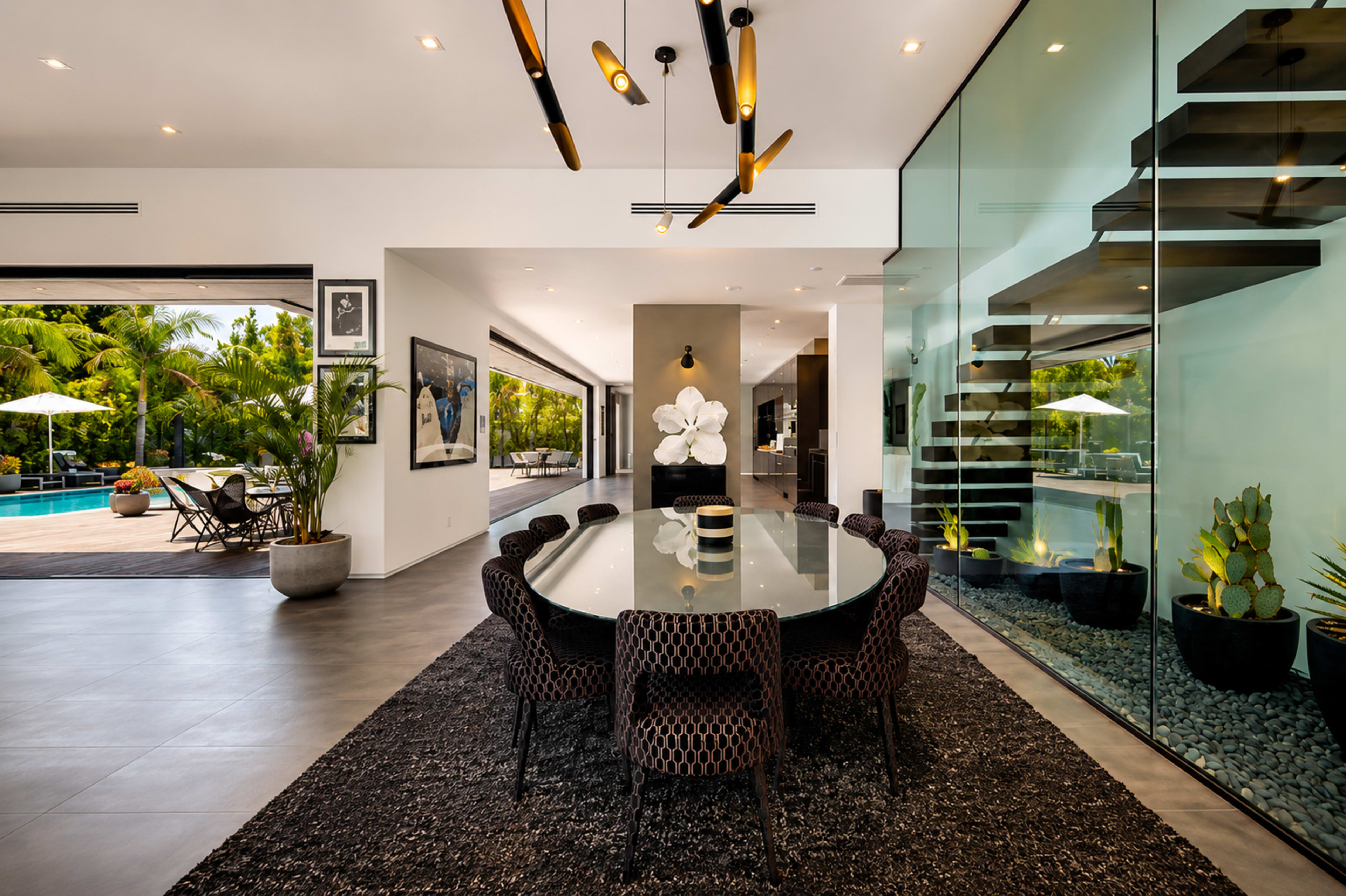 The image shows a modern dining area with a round glass table surrounded by black chairs, large windows overlooking a pool, and a staircase made of dark wood.