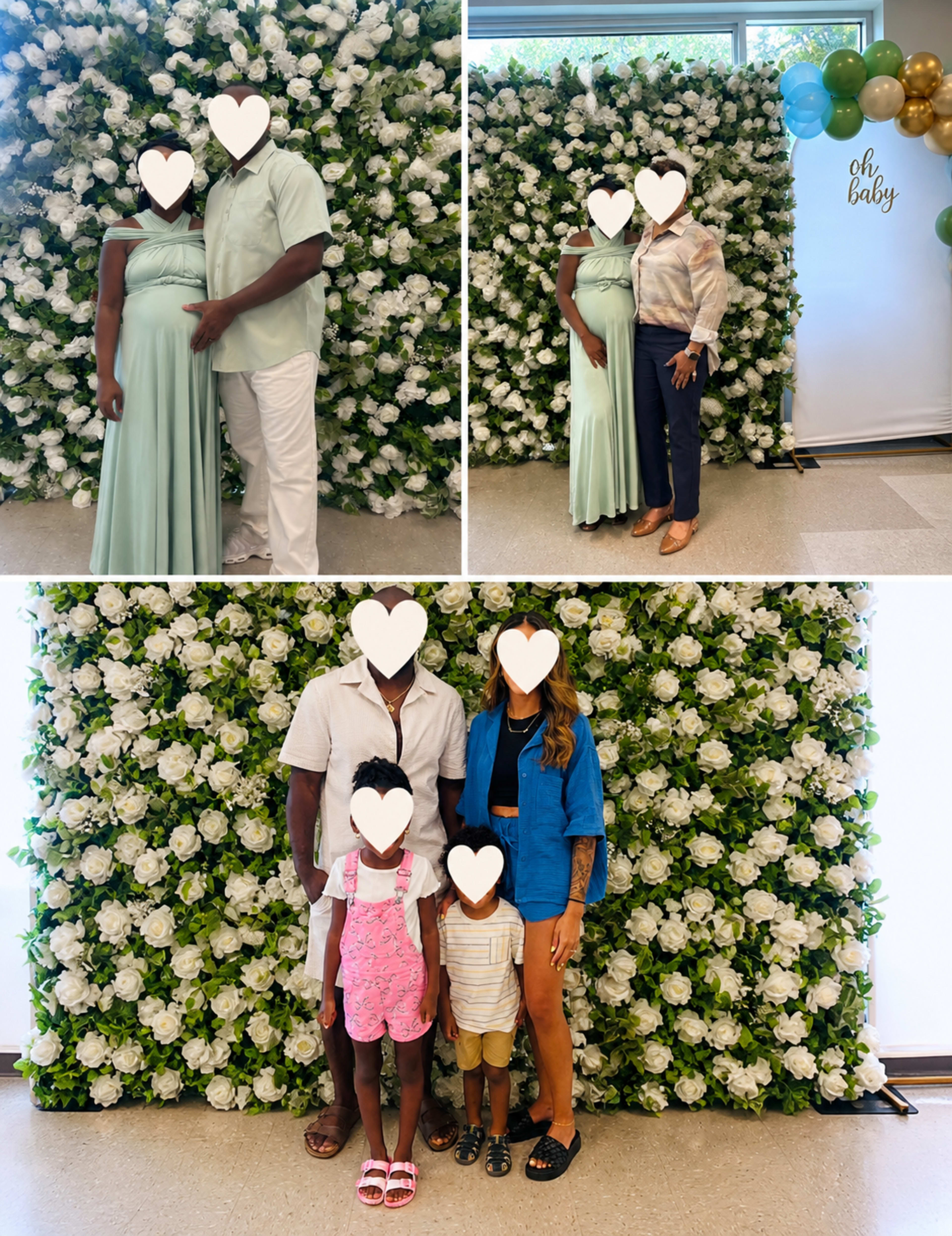 The image shows a series of four photos featuring families posing in front of a flower wall decorated with green and white flowers, with balloons in the corner and a sign that reads "oh baby."