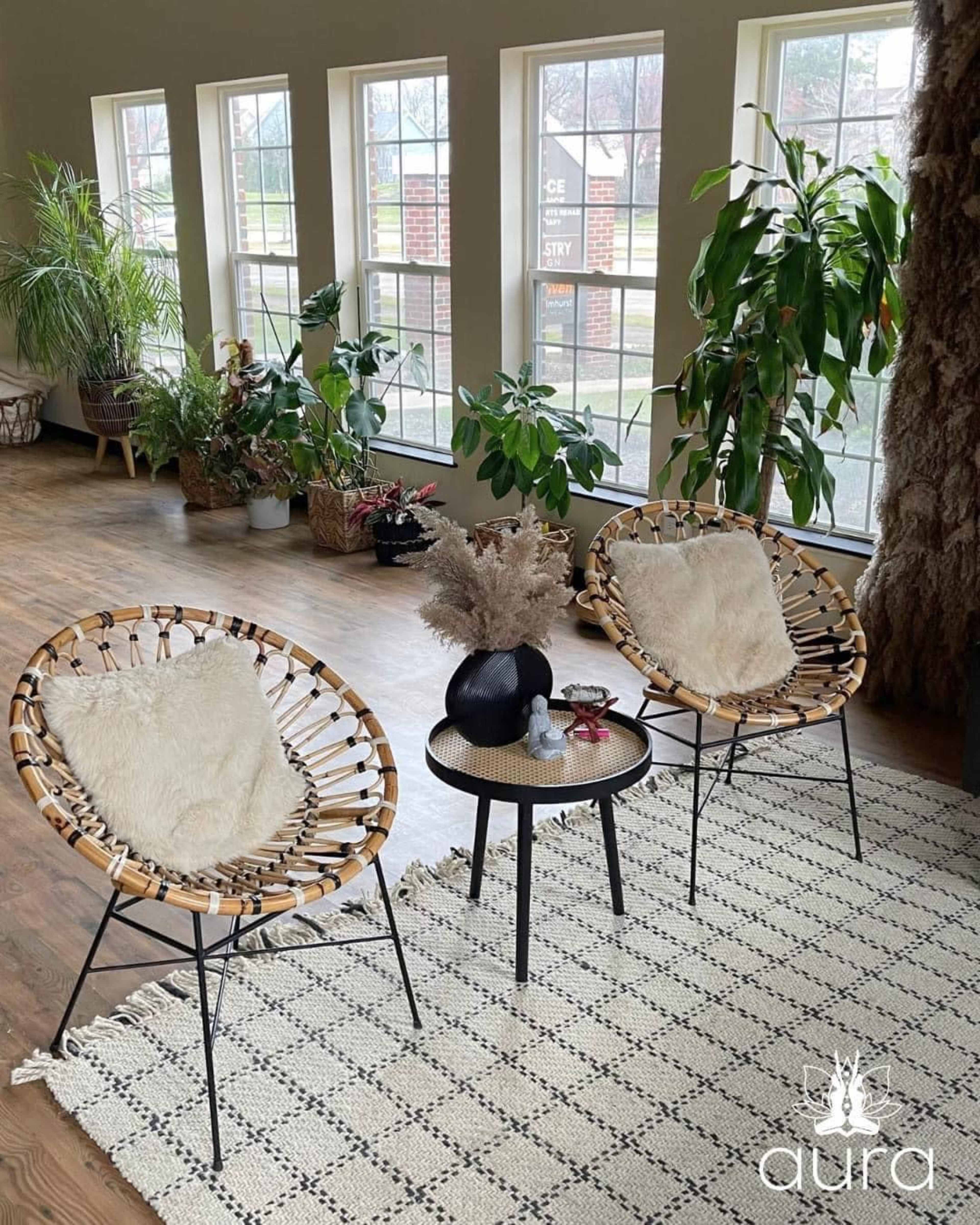 Two woven chairs with cushions are positioned on a patterned rug beside a small table in a brightly lit room filled with plants.