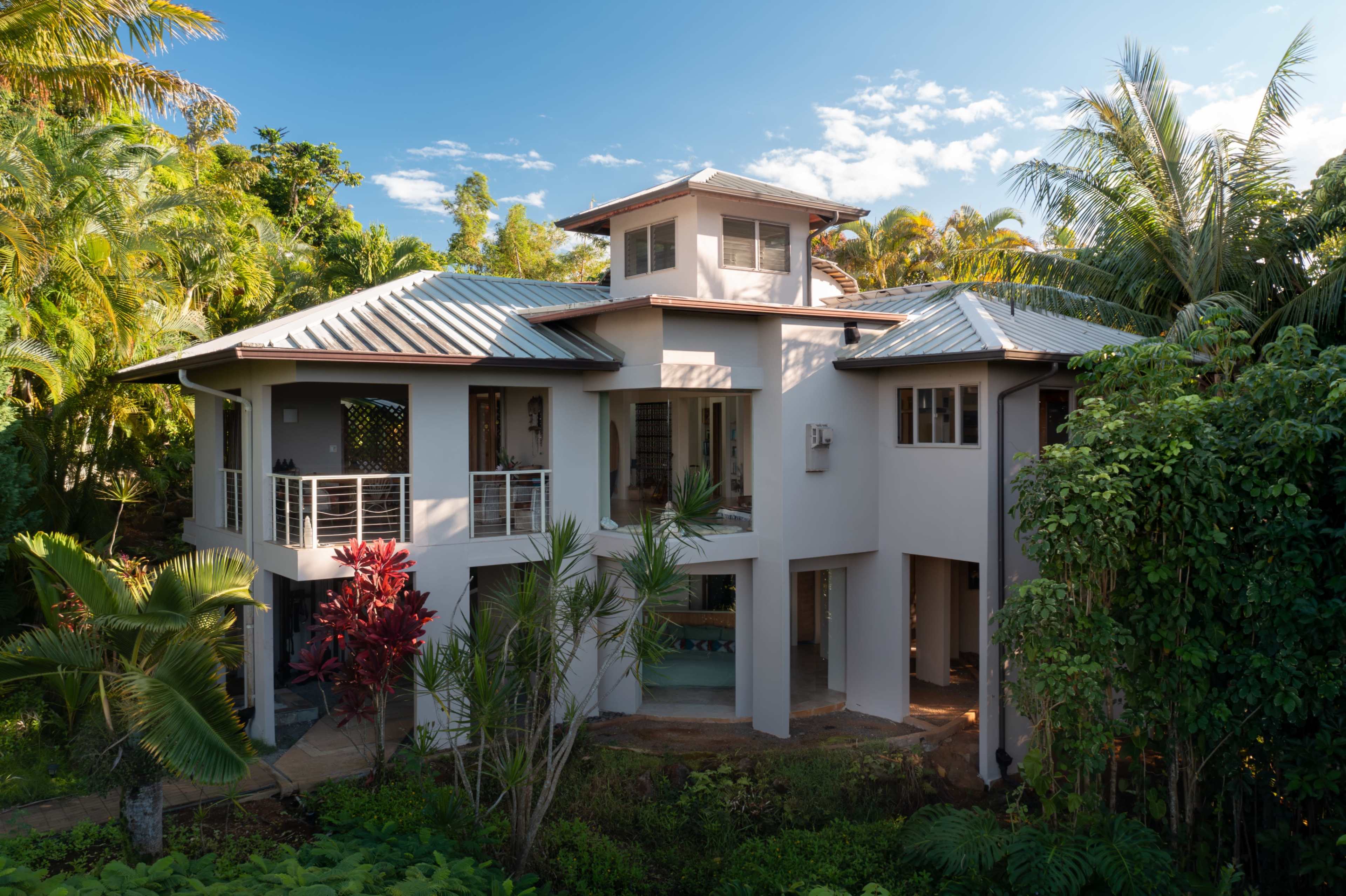 A modern two-story house is surrounded by lush tropical vegetation and features a metal roof and large windows.