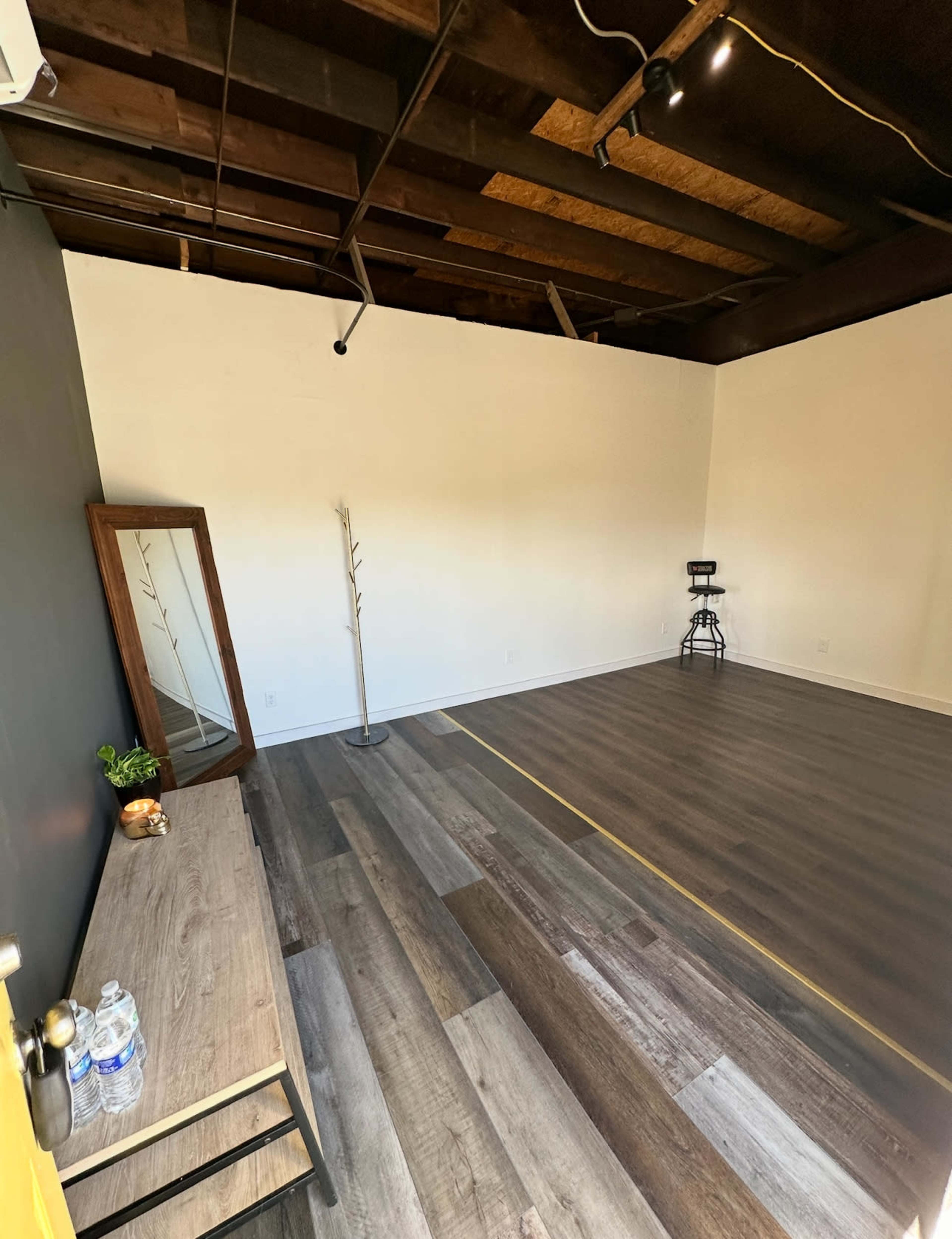 The image shows an empty room with dark wooden flooring, a large mirror against one wall, and minimal fixtures, including a plant and a chair.