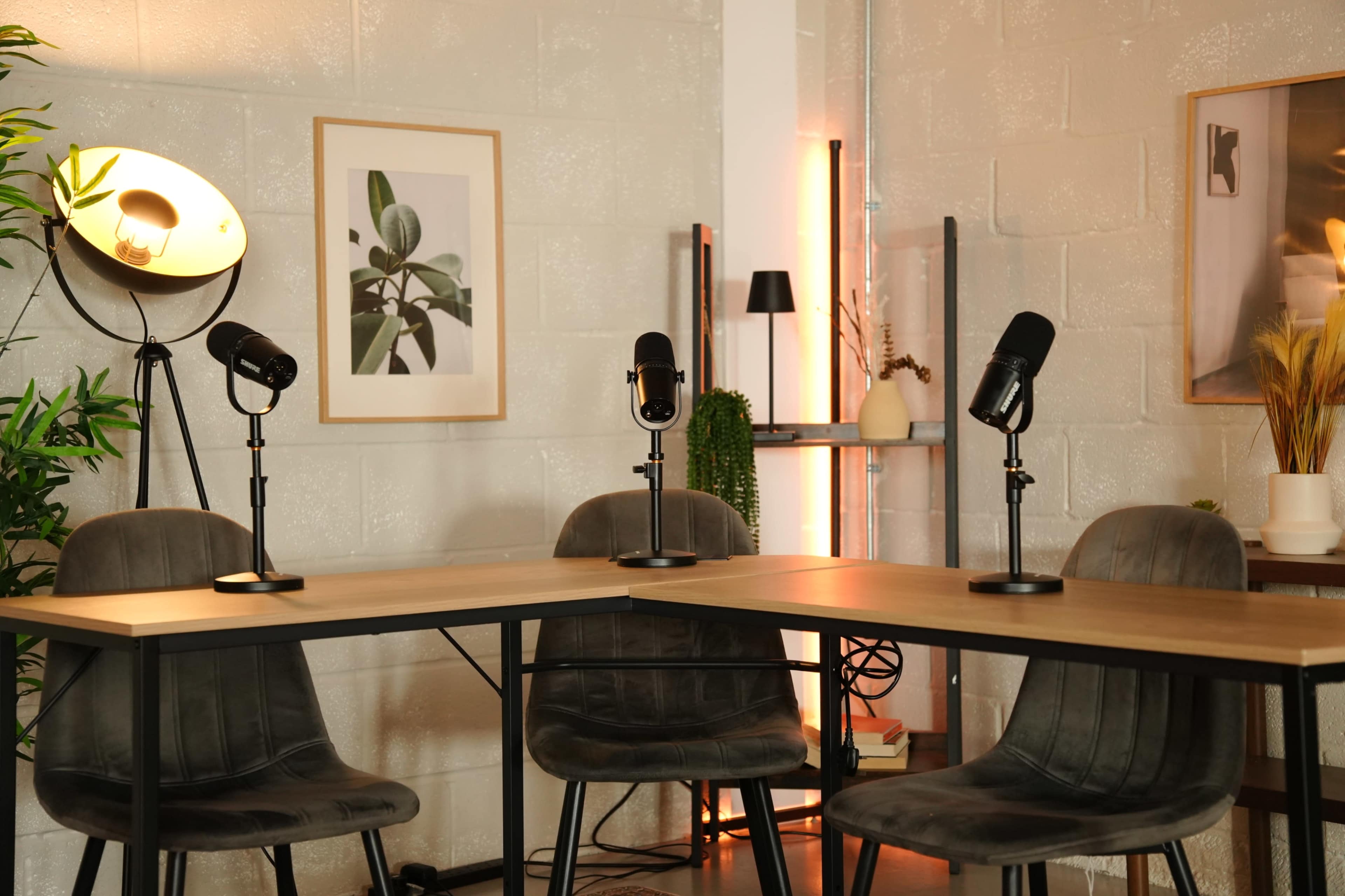 A modern workspace features a wooden table with three microphones and four chairs, surrounded by plants and decorative elements on the walls.