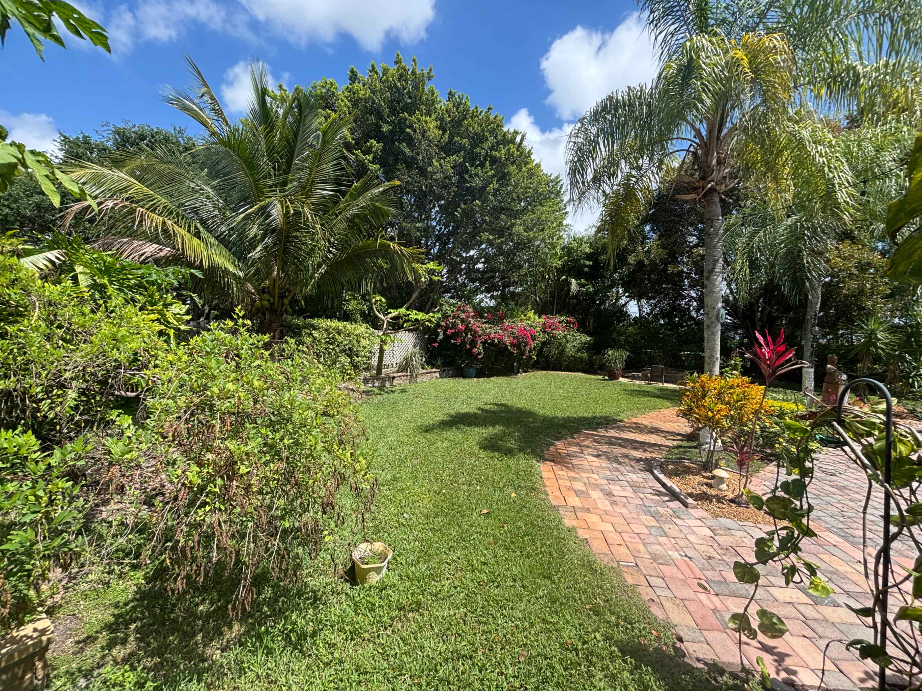 The image shows a landscaped garden with green grass, tropical plants, and tiled pathways under a blue sky with some clouds.