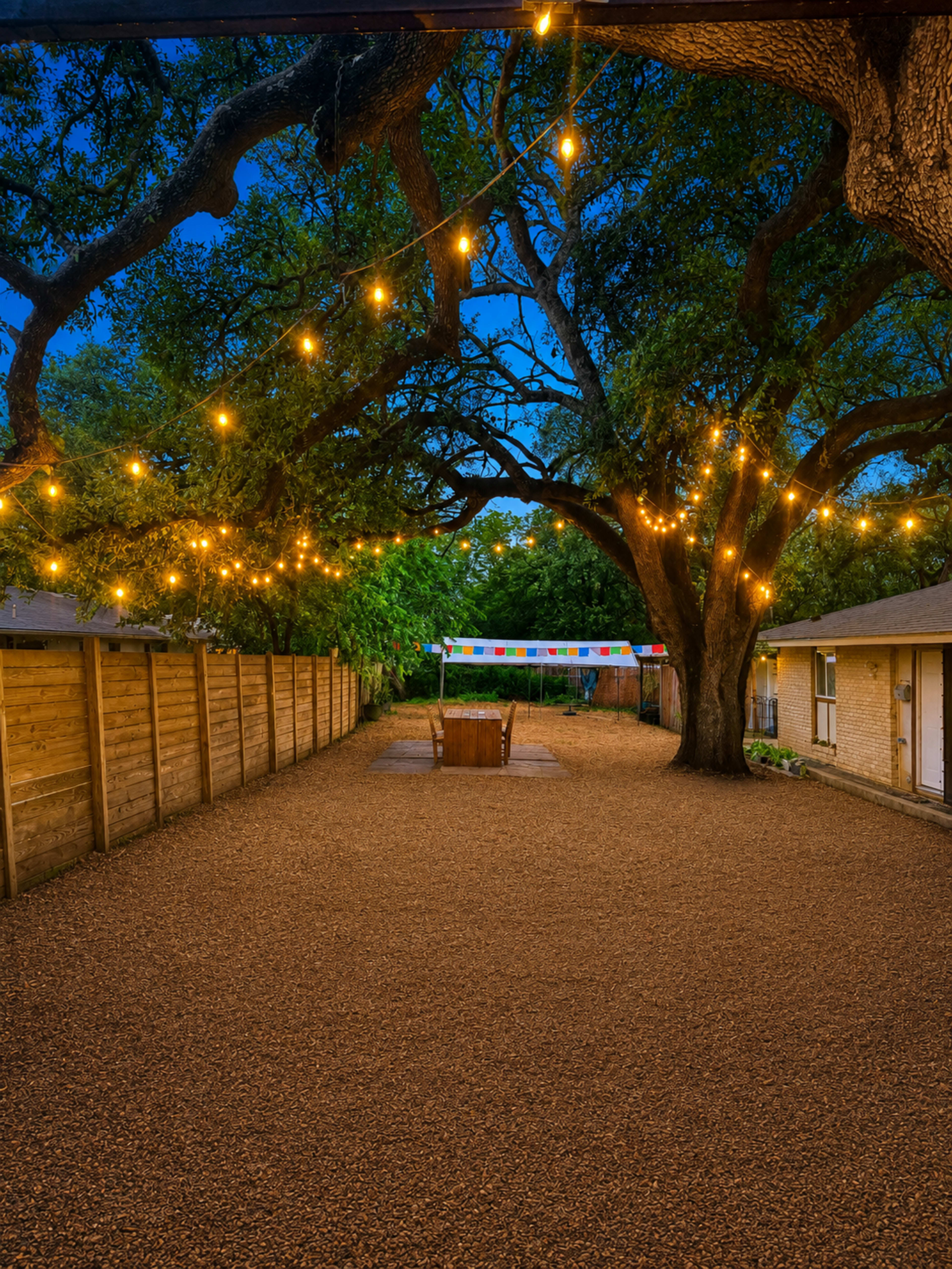 The image shows a backyard area with gravel ground, illuminated by string lights hanging between trees, and a seating area in the center.
