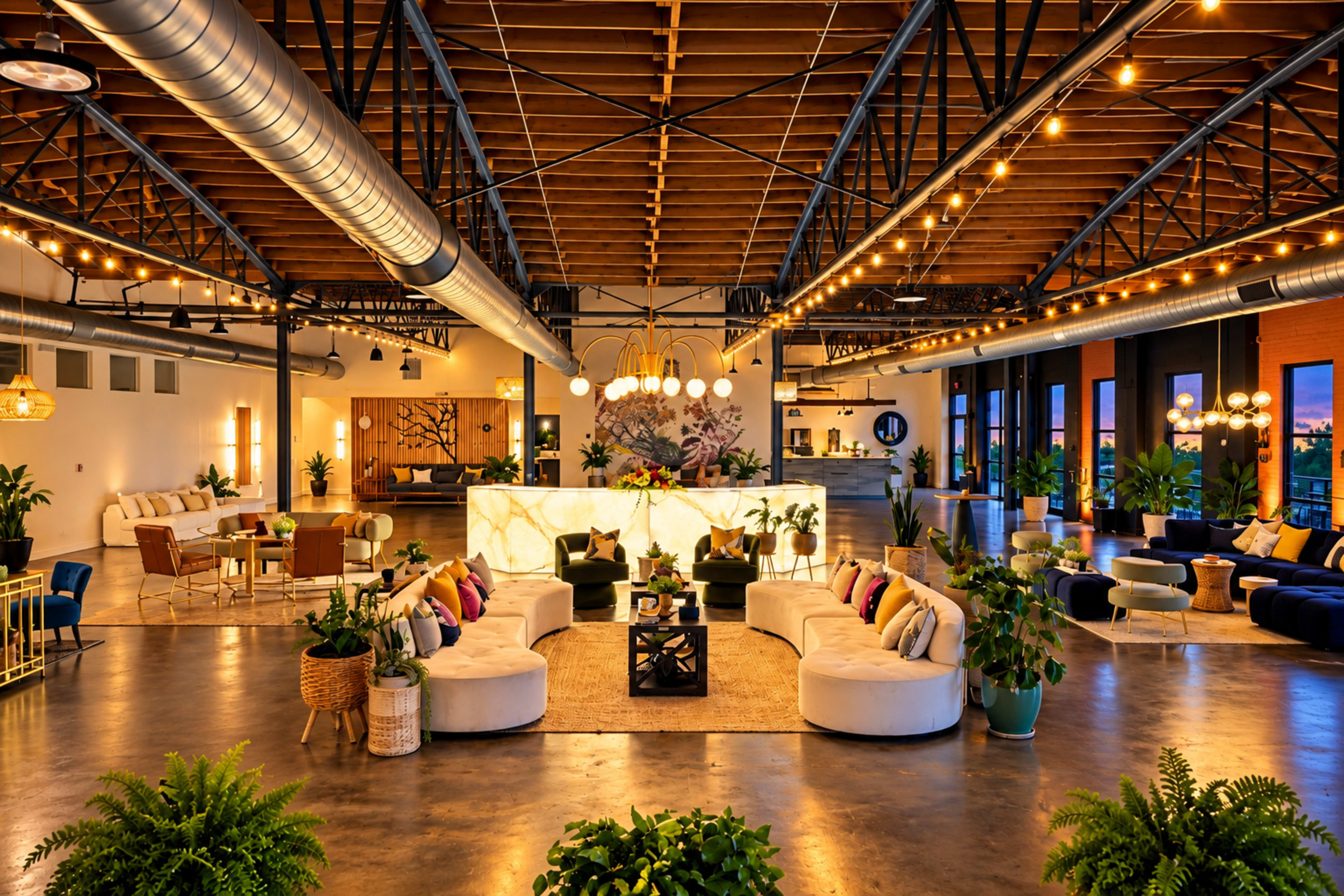 The image shows a spacious, modern interior with various seating areas, decorative plants, and warm lighting under a high ceiling.