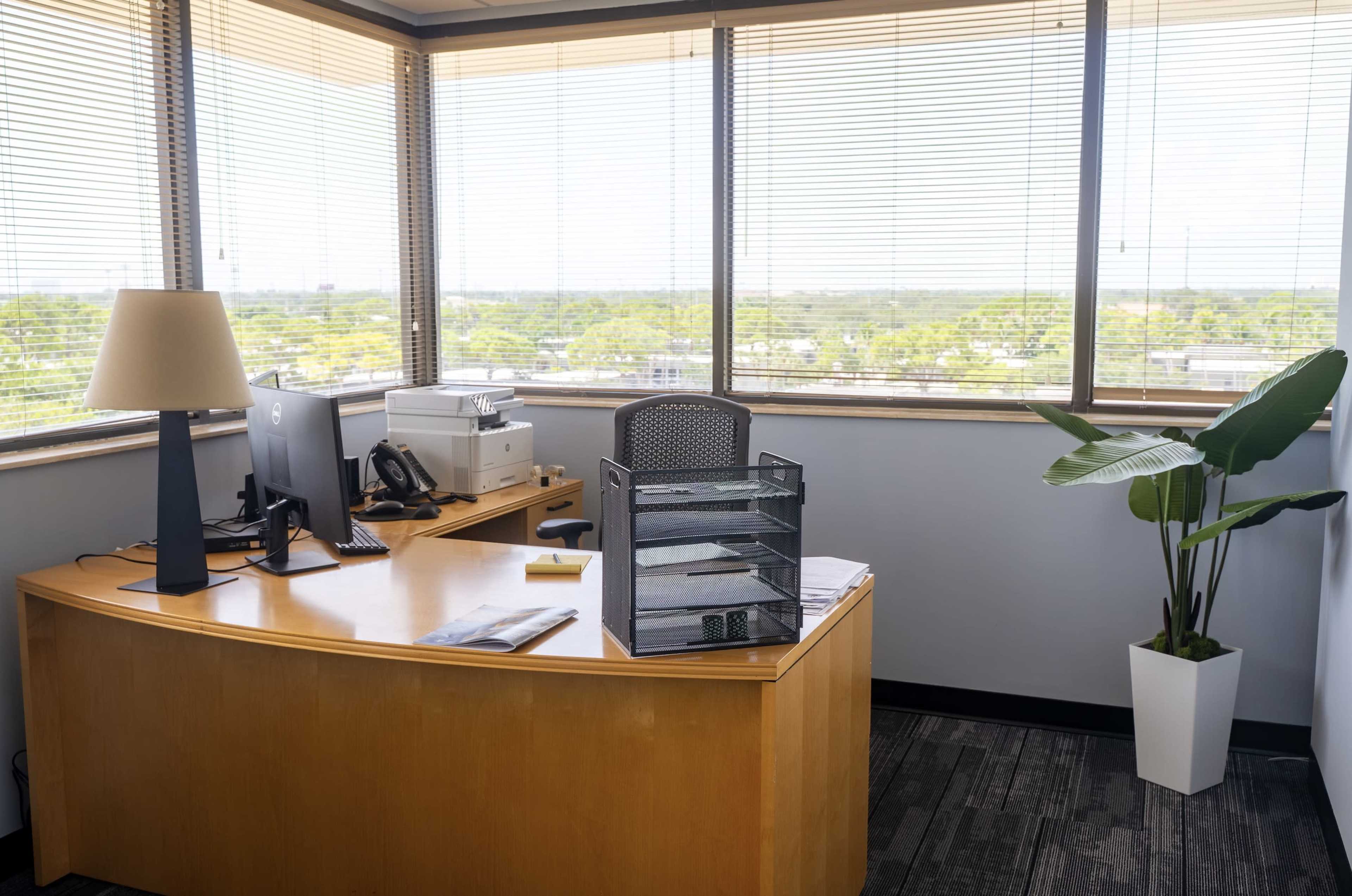 The image shows a modern office space with a wooden desk, computer, printer, and a green plant in a white pot, situated near large windows with blinds.