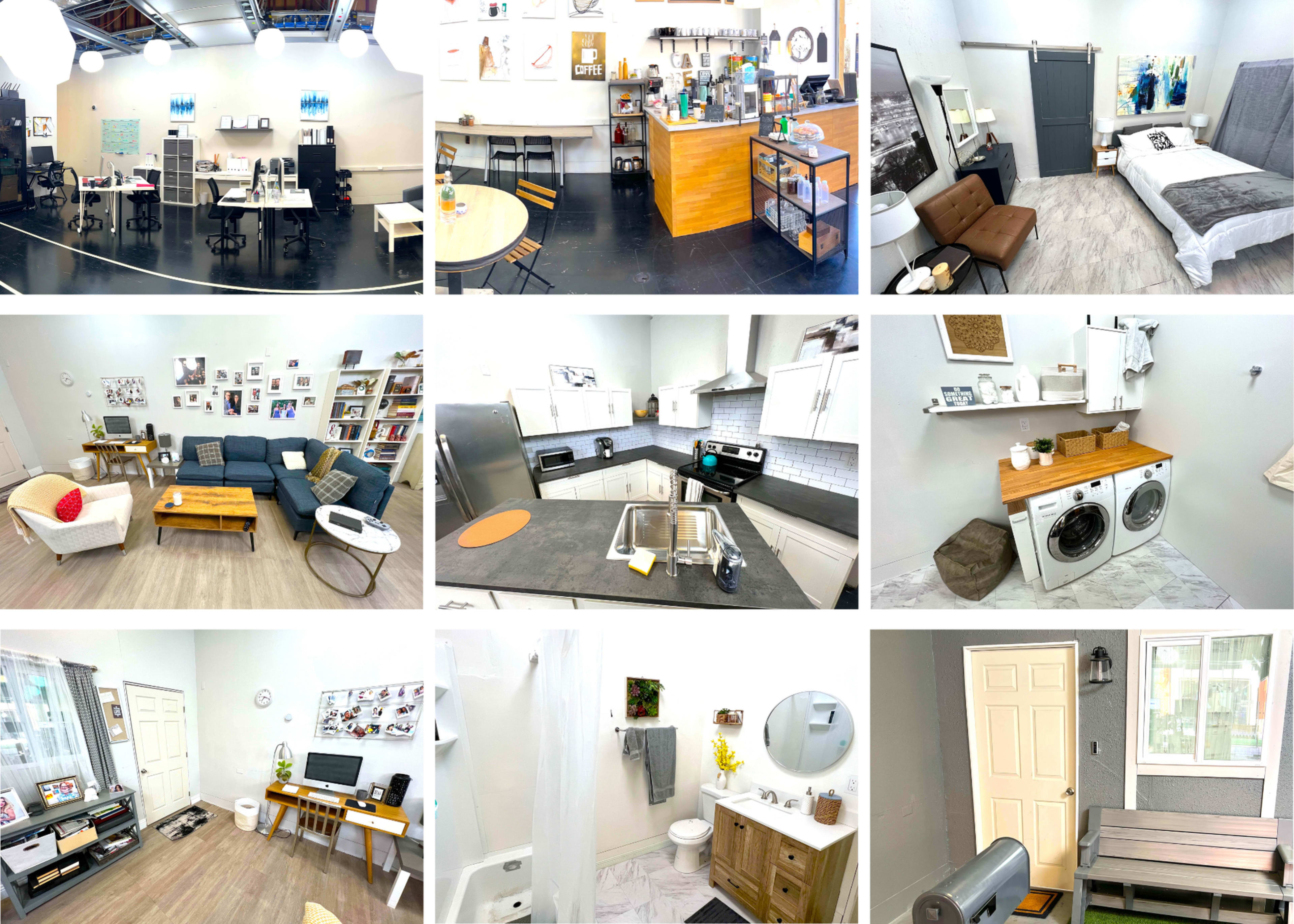 The image showcases a variety of modern interior spaces, including a living room, kitchen, laundry area, and bedroom, each with distinct furniture and decor.