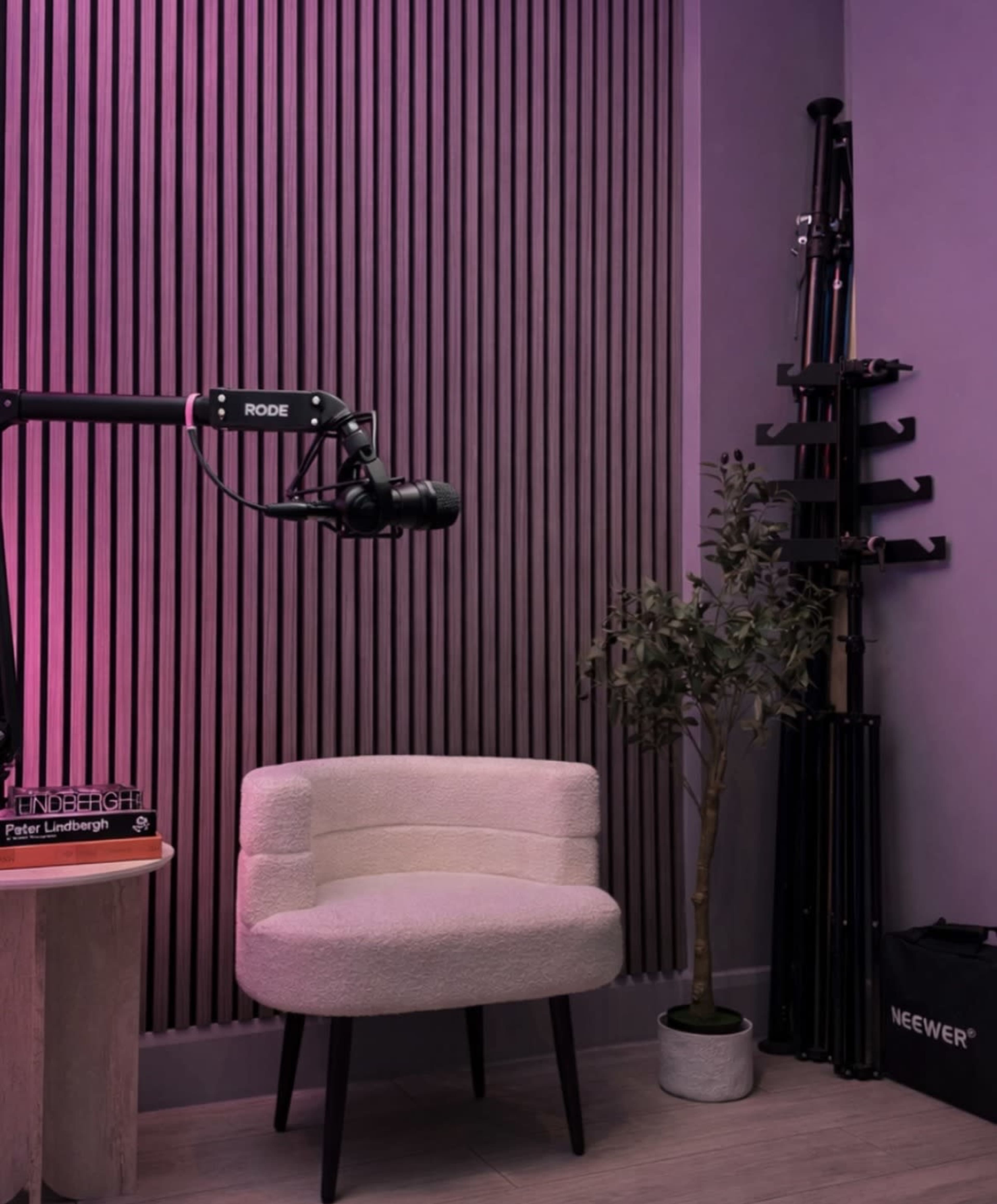 The image shows a modern room featuring a plush chair, a microphone on an adjustable stand, a potted plant, and neatly arranged equipment against a textured wall.