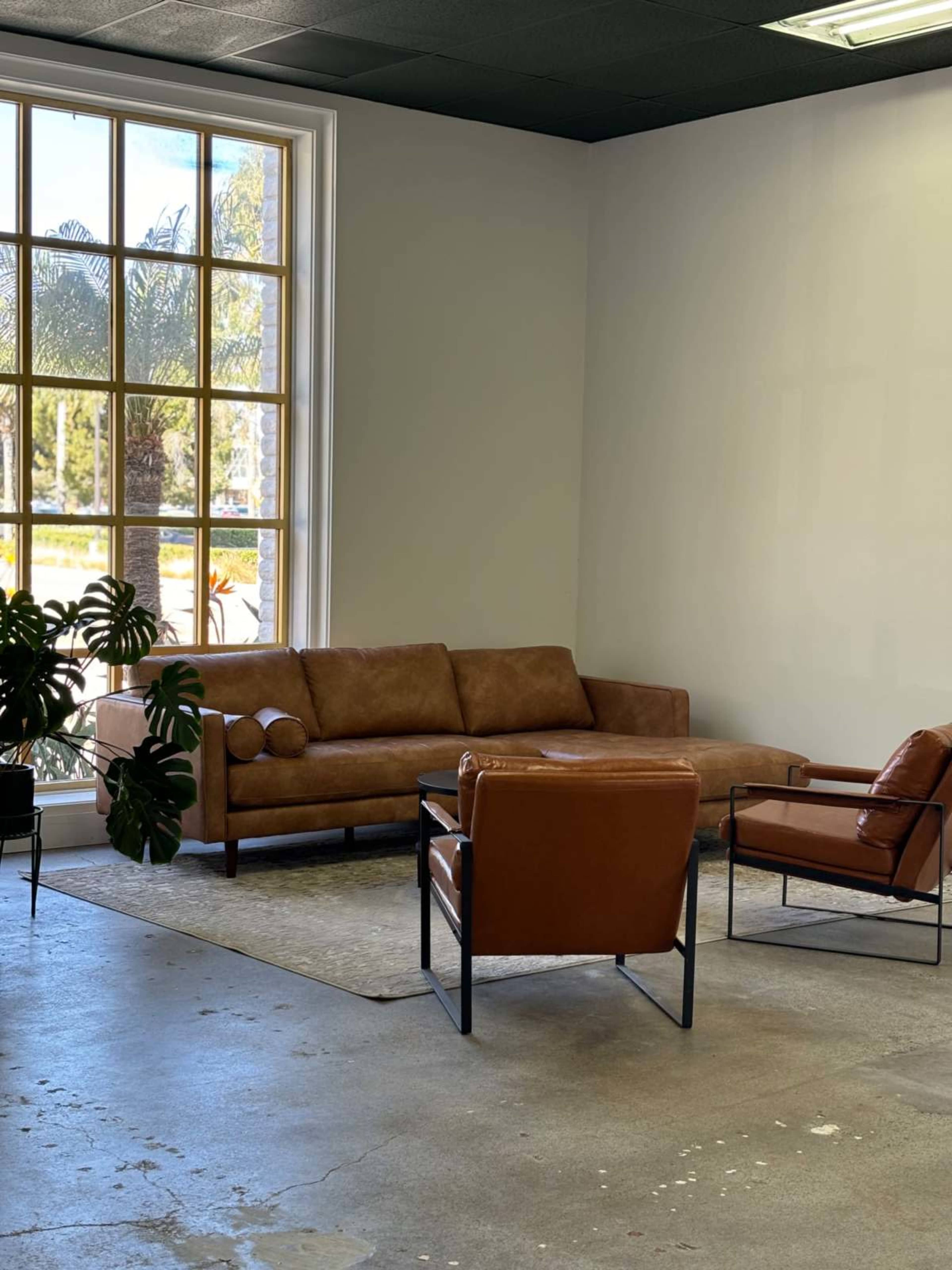 The image shows a modern interior space featuring a brown leather sectional sofa, two matching leather armchairs, a decorative area rug, and large windows with views of palm trees outside.
