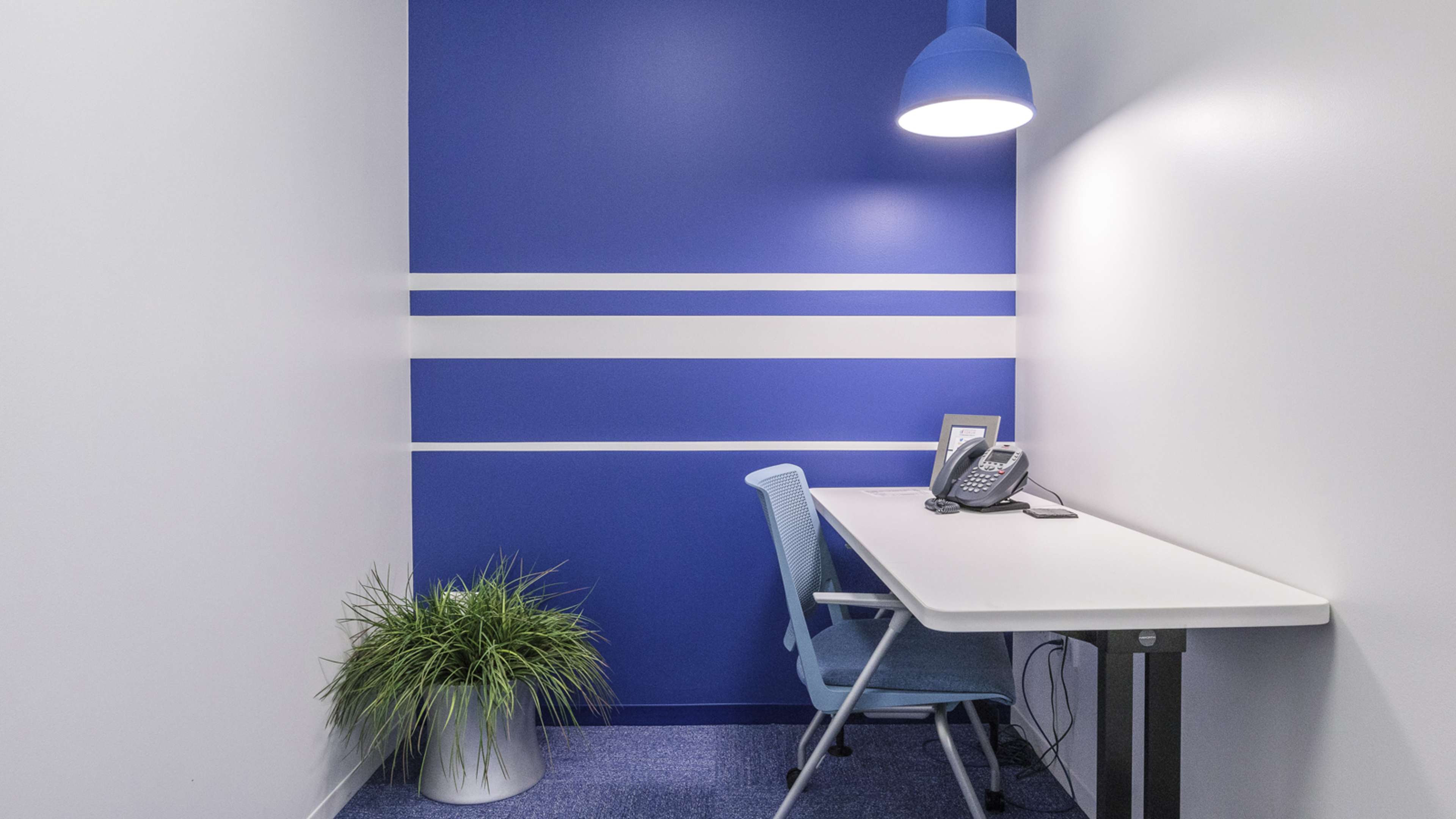 A small office space features a white desk with a phone, a blue chair, a potted plant, and a blue accent wall with white stripes.