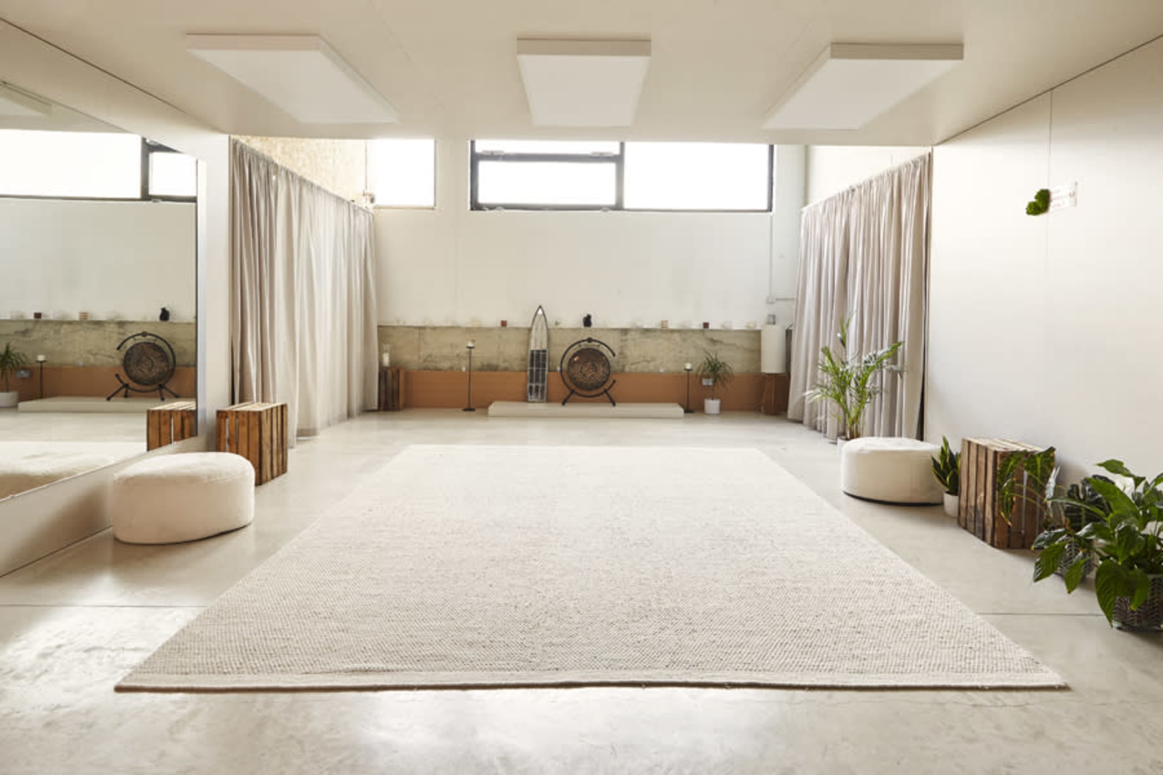The image shows a spacious, minimalistic room with large mirrors, a light-colored rug, and potted plants, complemented by curtains and wooden furniture.