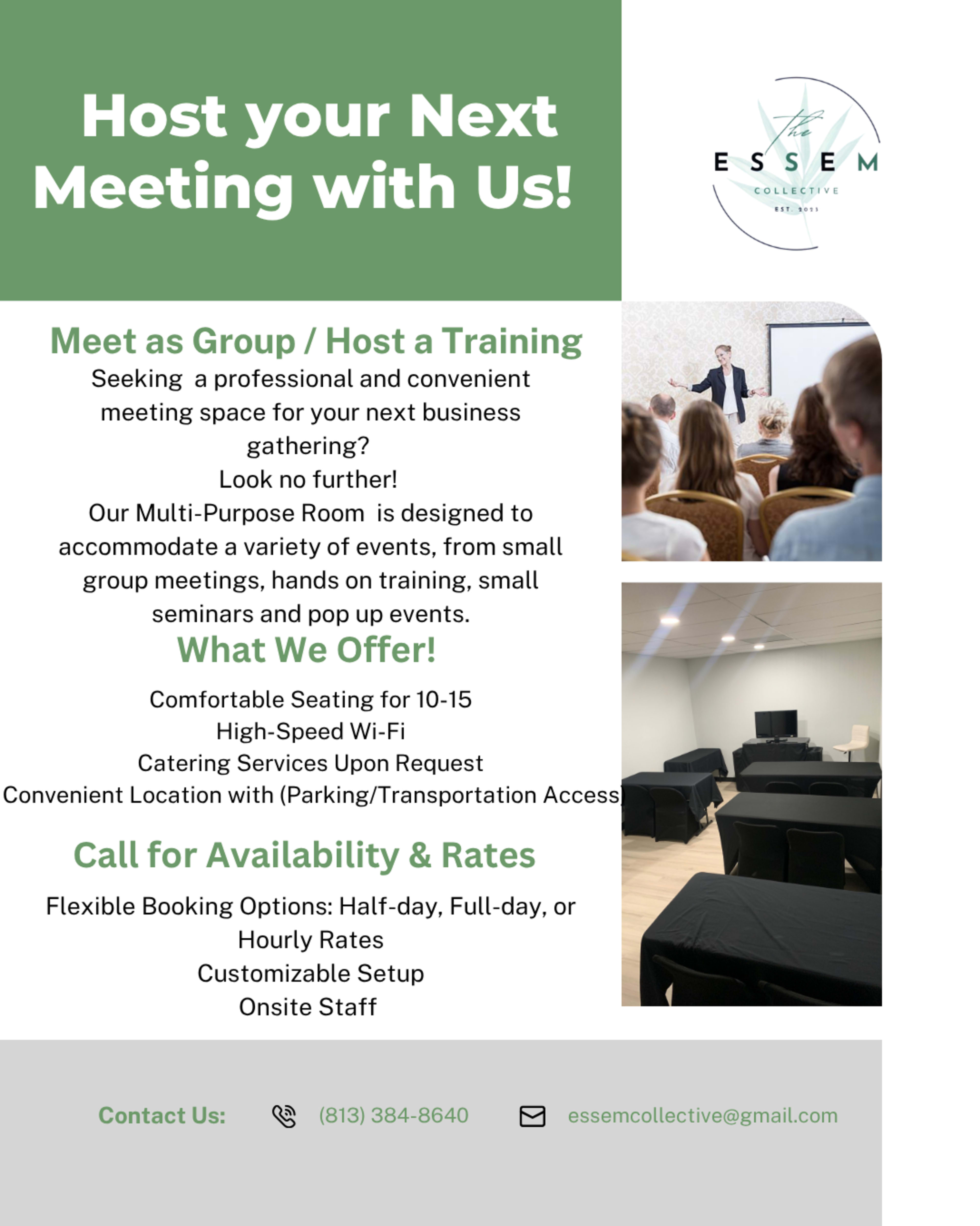 The image is a promotional flyer inviting individuals to host meetings and training sessions at a facility, detailing available services, seating capacity, and contact information.