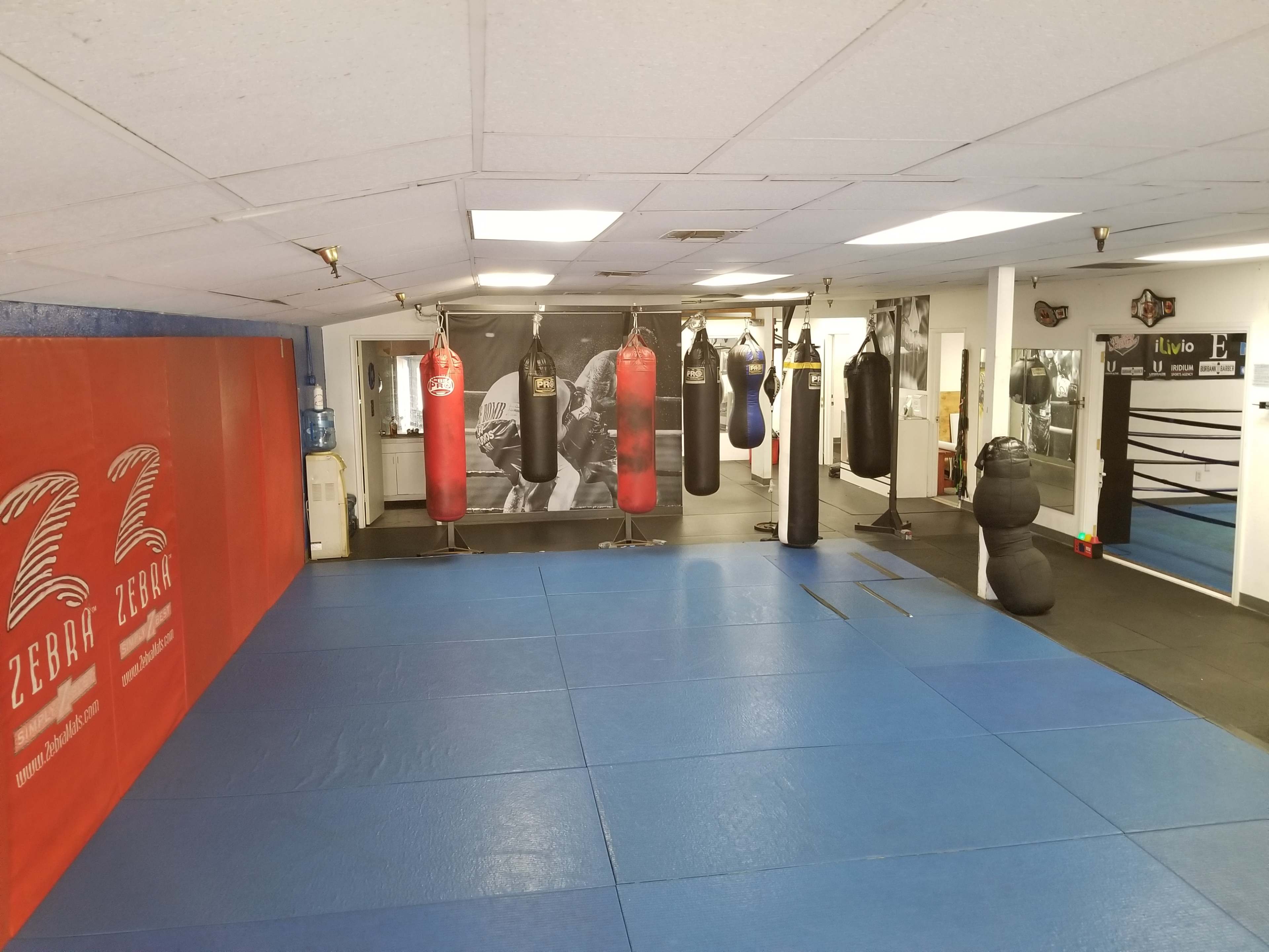 A training area for boxing or martial arts, featuring multiple hanging punching bags and a blue mat on the floor.