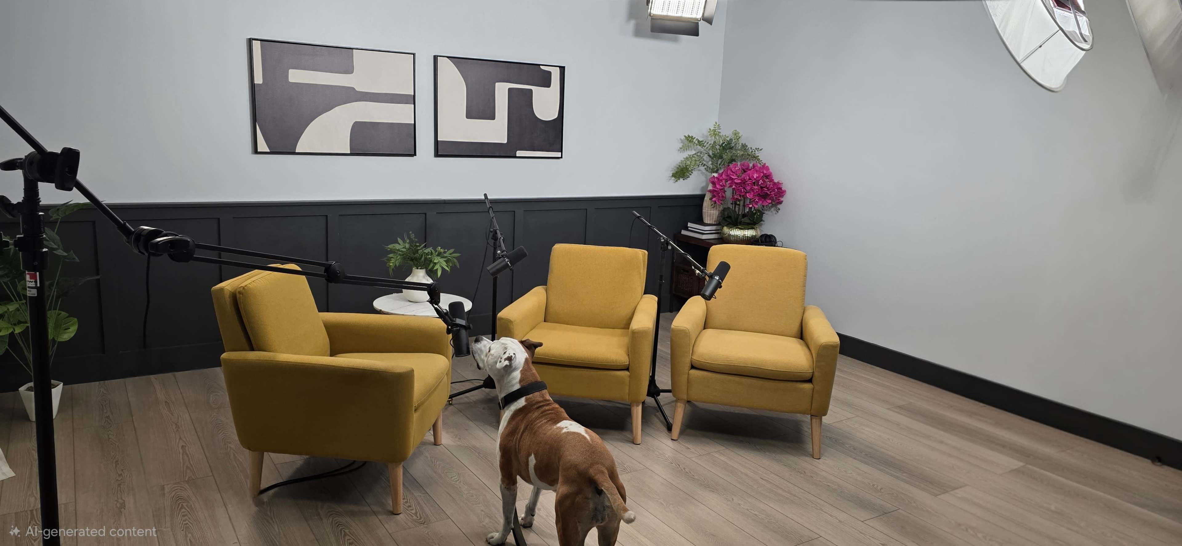 A bright interview setup features three yellow chairs, a dog, and decorative artwork on the wall.
