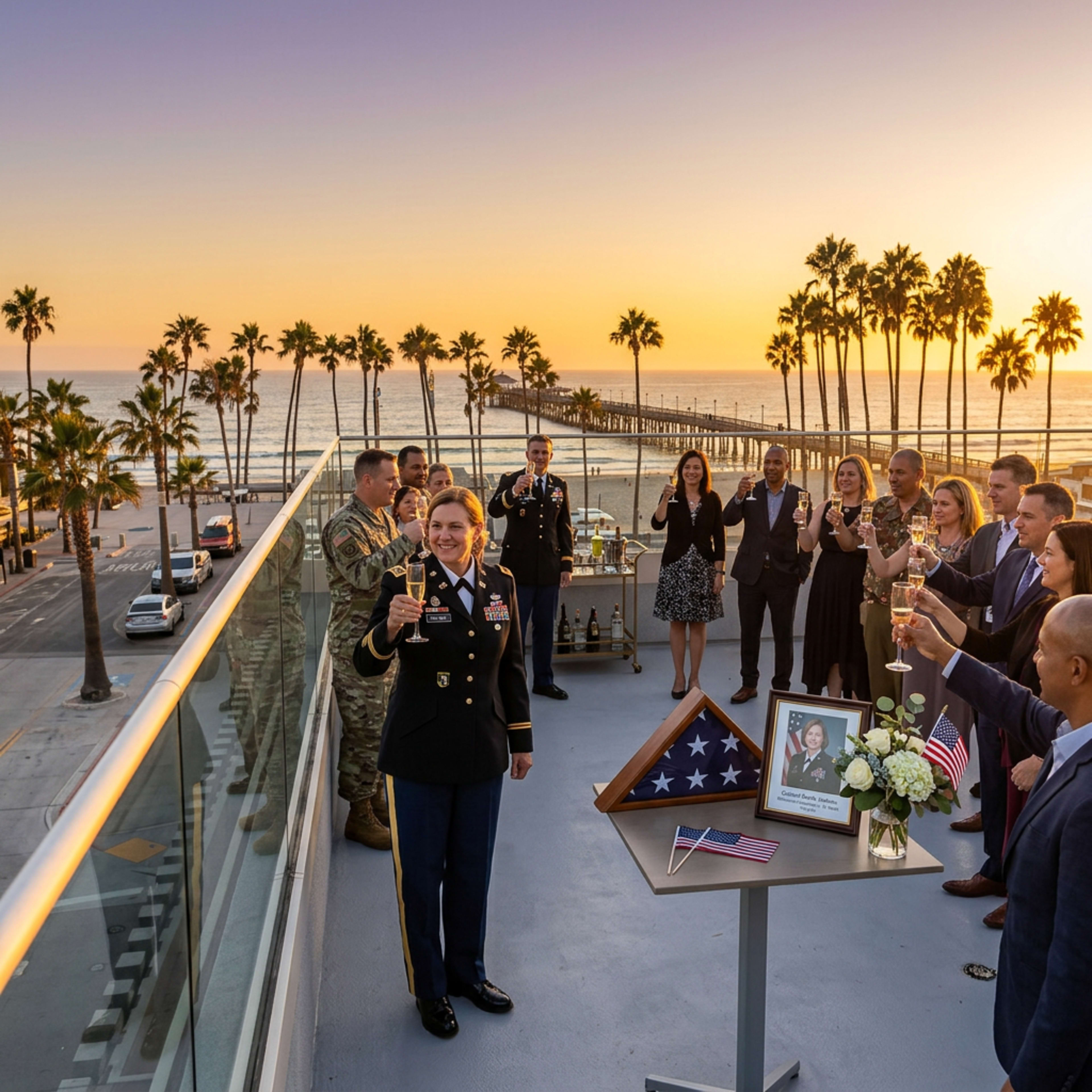 A group of people toasts on a rooftop overlooking a beach at sunset, with a framed photo and a folded American flag displayed prominently.