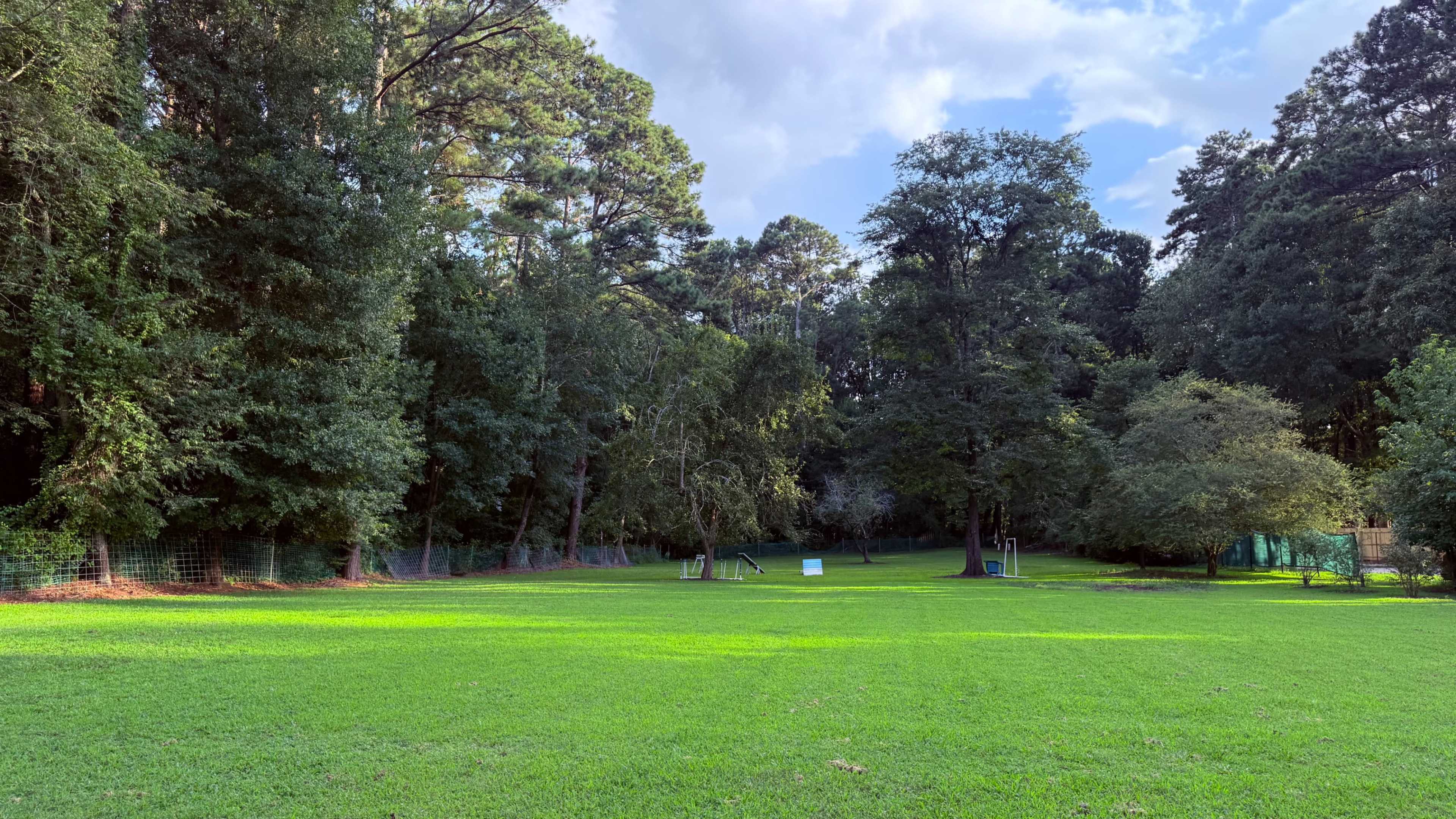 A clear, green grassy field is bordered by tall trees under a partly cloudy sky.