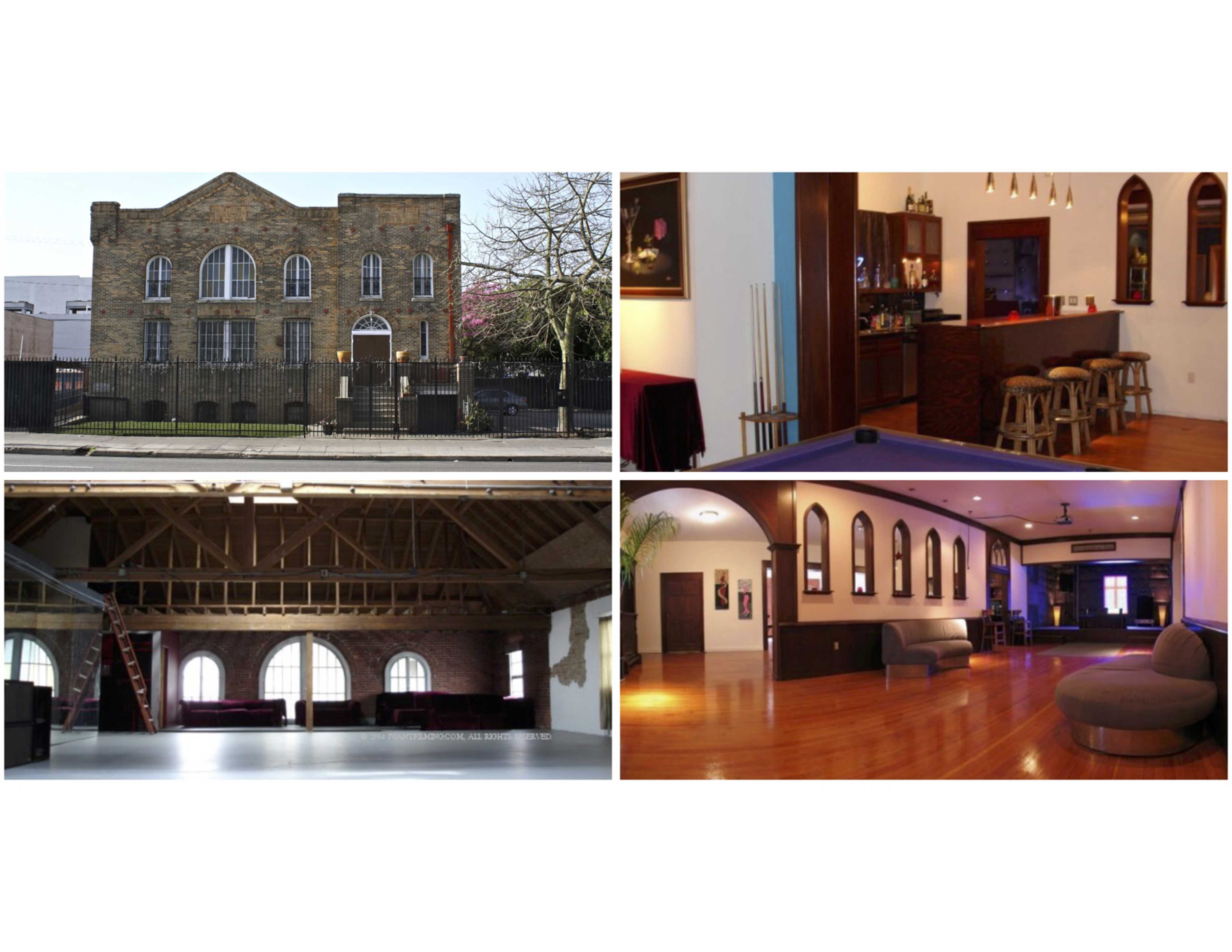 Four different scenes: an exterior view of a historic brick building, a cozy bar area with seating, a spacious industrial-style room with exposed beams, and a modern lounge area with curved seating and decorative arches.