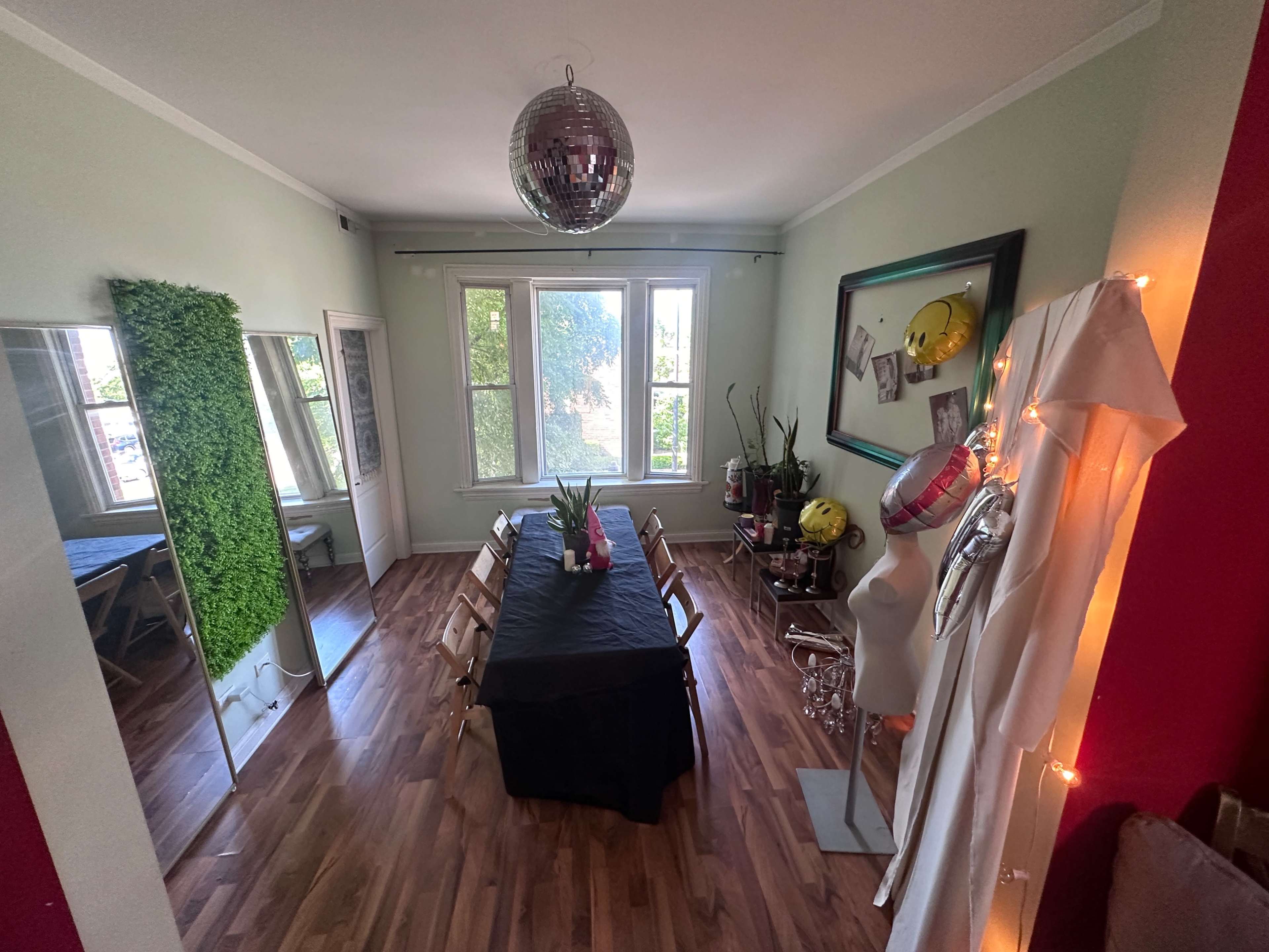 A dining area with a long black table, surrounded by chairs, and decorated with a disco ball and various plants.