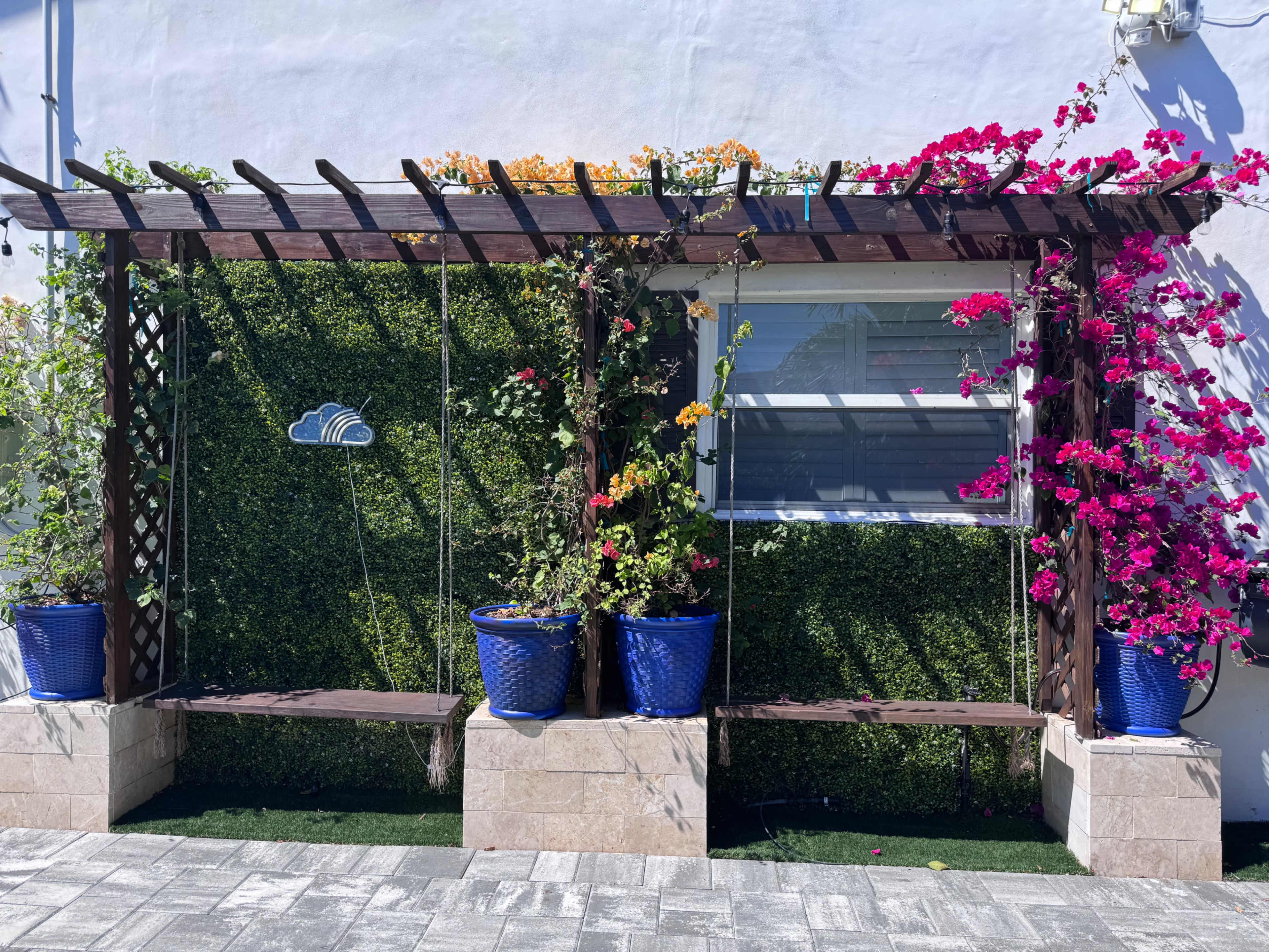 The image shows a wooden pergola adorned with colorful bougainvillea vines and blue pots, set against a wall covered in green foliage.