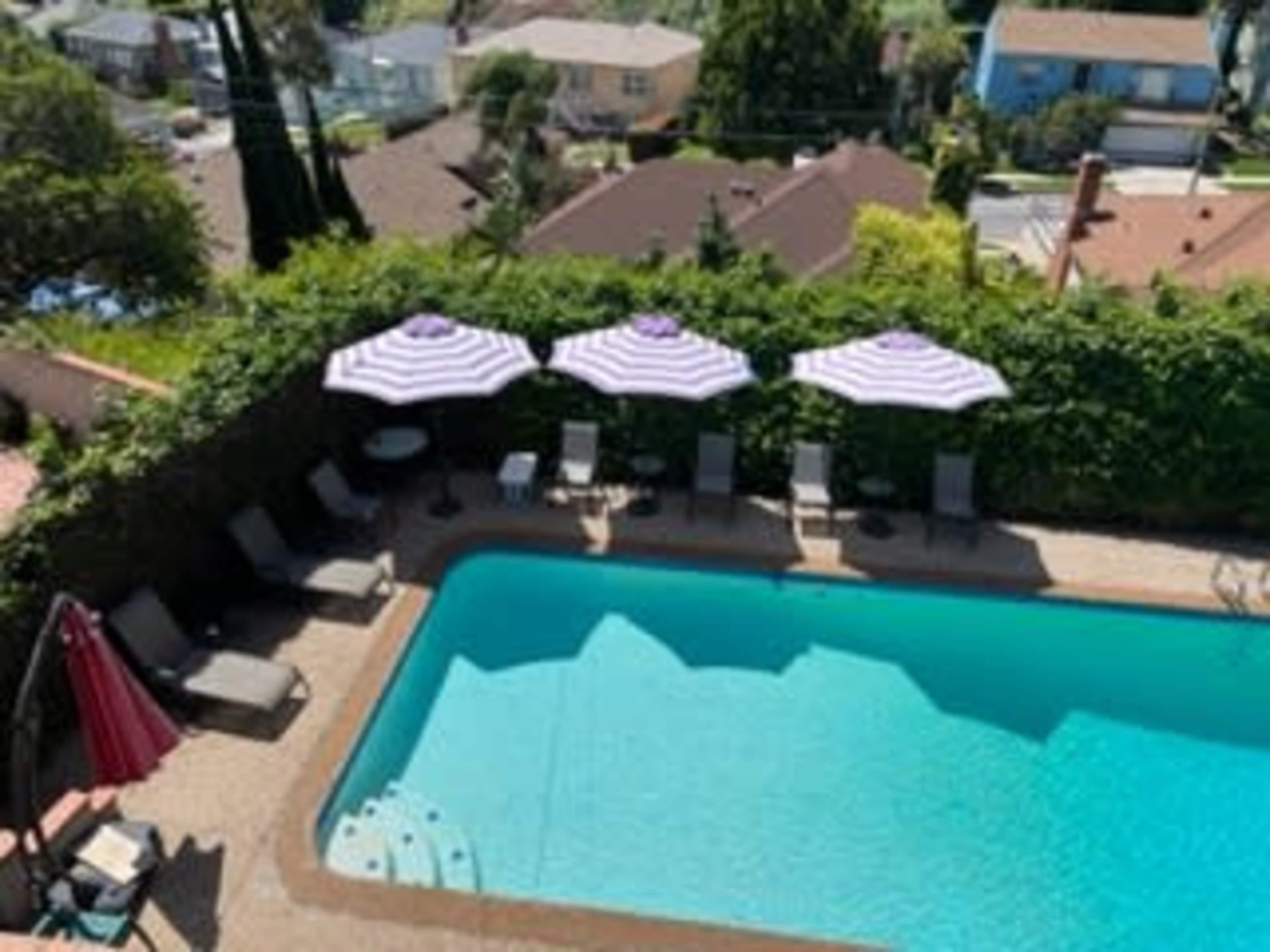 A swimming pool surrounded by lounge chairs and three striped umbrellas, set against a hillside backdrop with houses visible in the distance.
