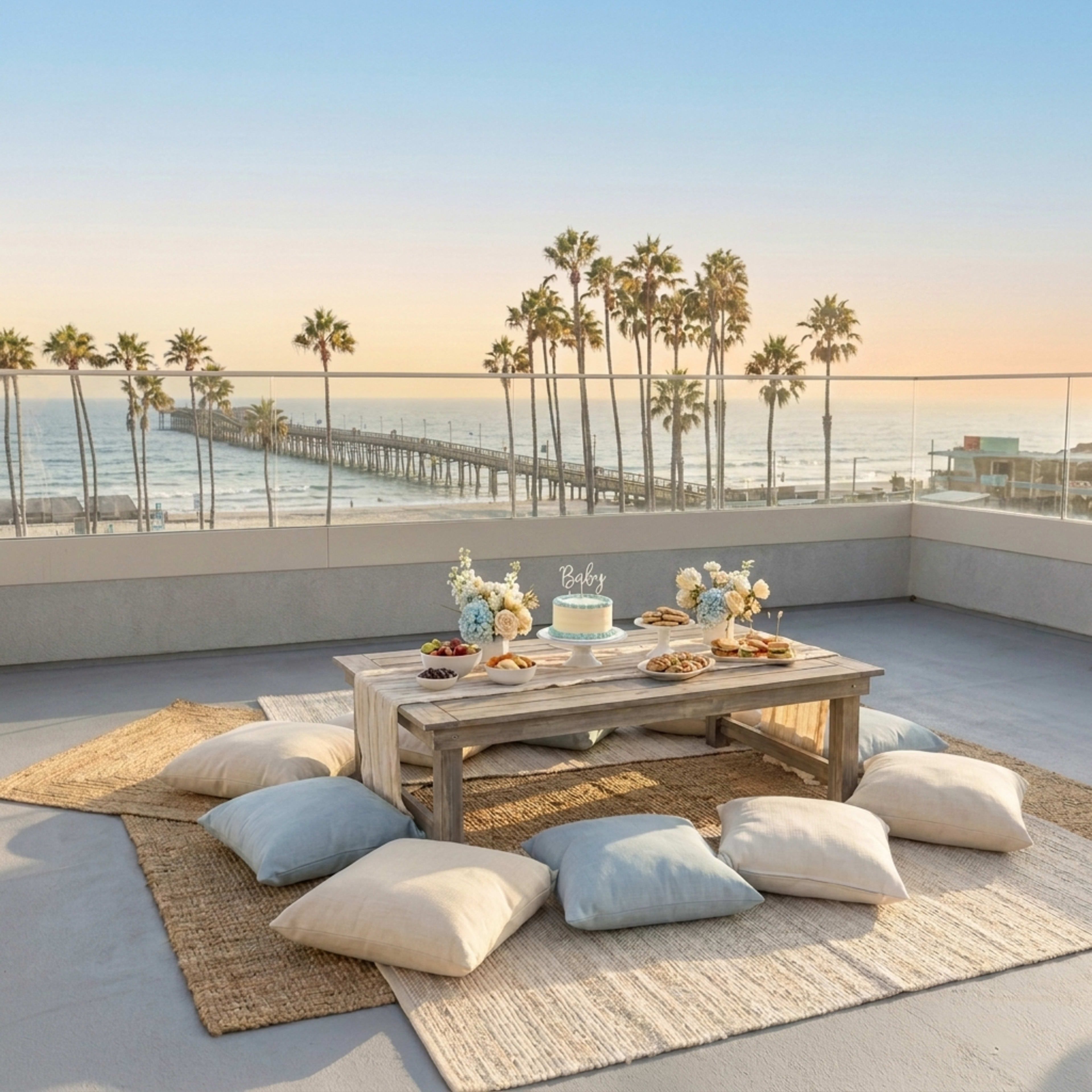 A coastal patio features a wooden table adorned with snacks and a cake, surrounded by floor cushions, with a view of palm trees and a pier by the ocean at sunset.