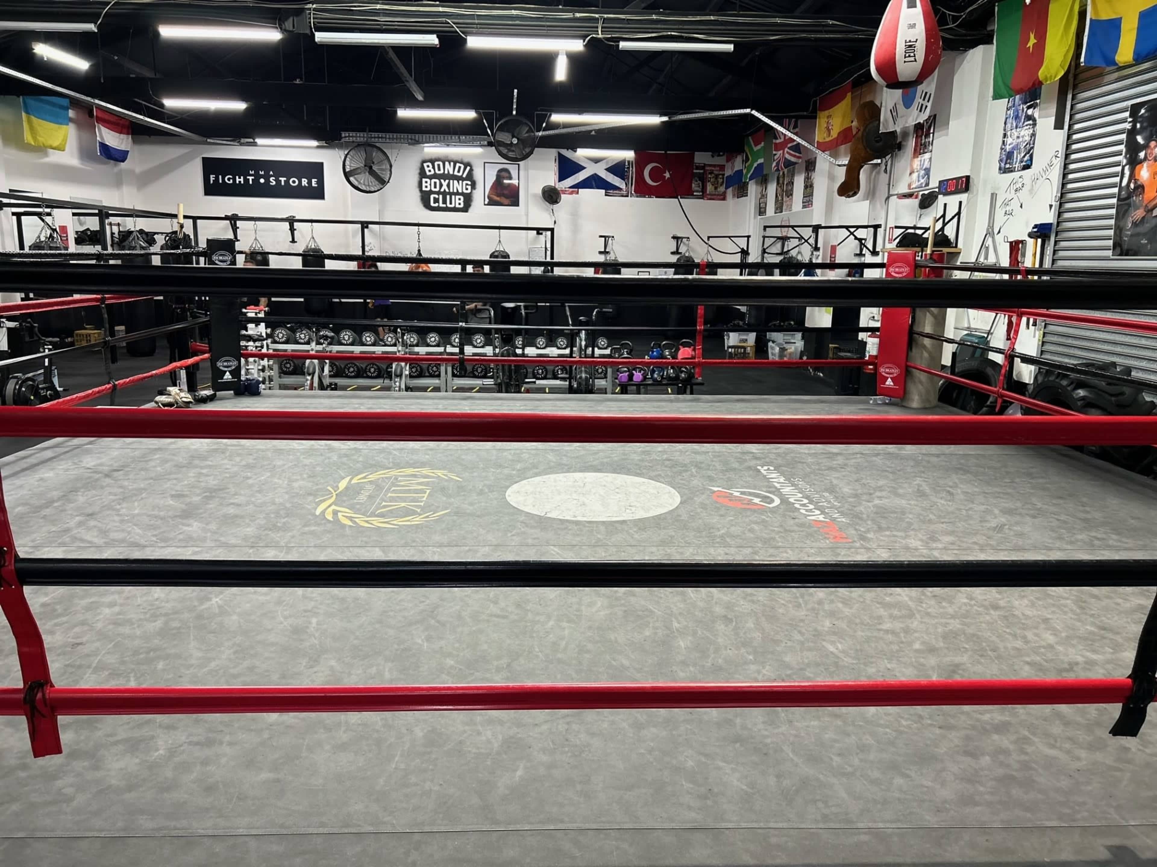 A boxing gym featuring a red and black boxing ring surrounded by various exercise equipment and decorative flags.