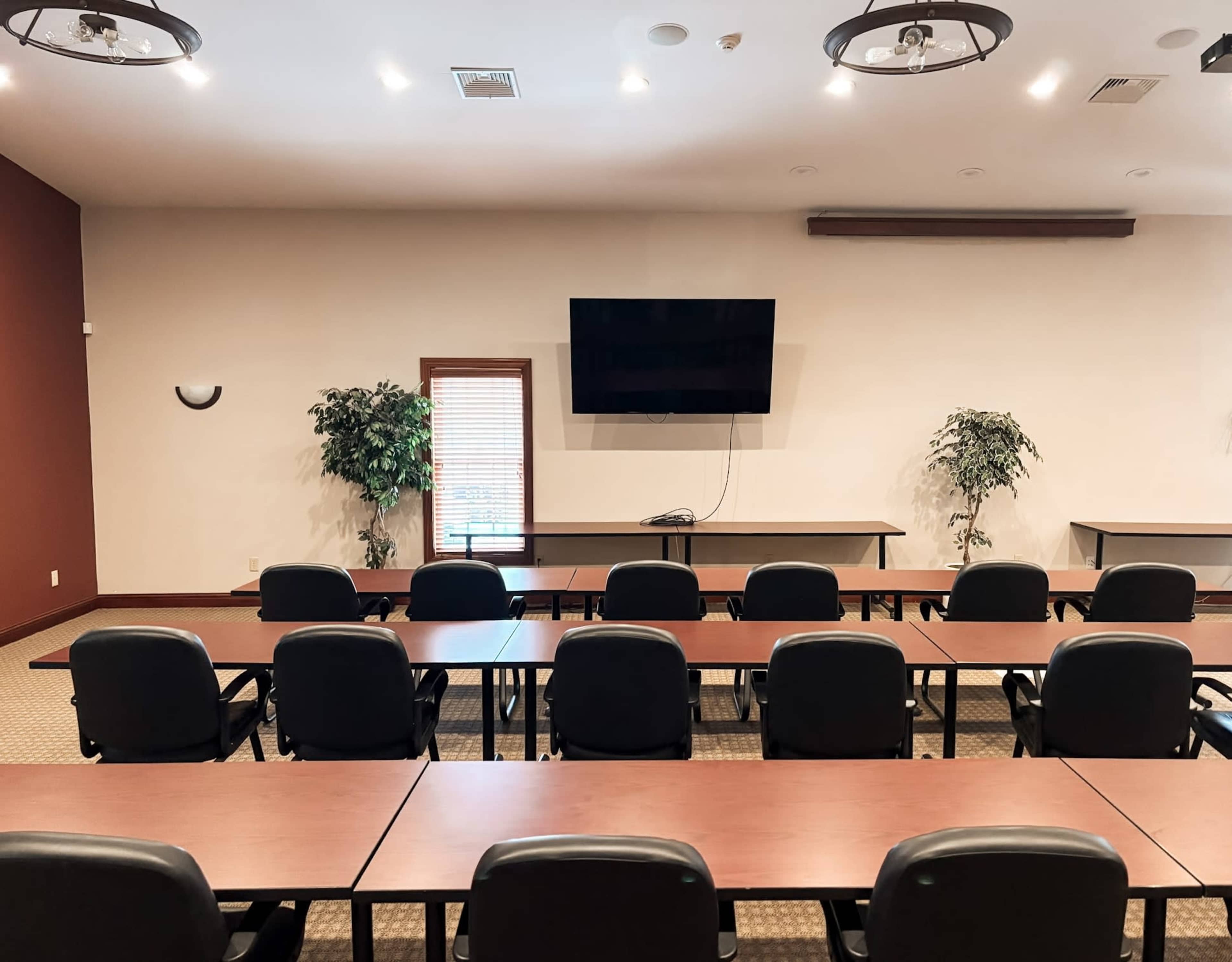 The image shows a conference room with rows of desks and chairs facing a wall-mounted television, flanked by two indoor plants.