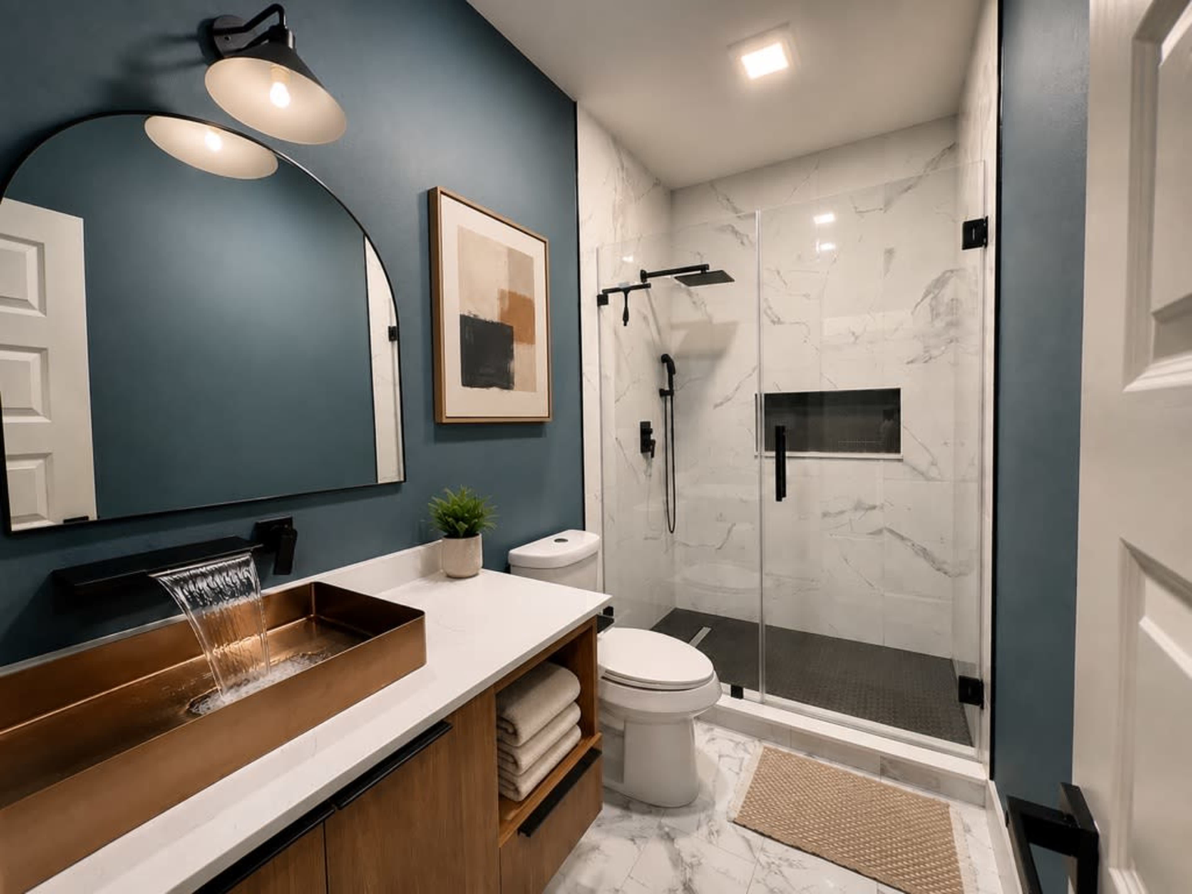 The image shows a modern bathroom featuring a glass shower enclosure, a wall-mounted sink with a faucet, and a large mirror above a wooden vanity.