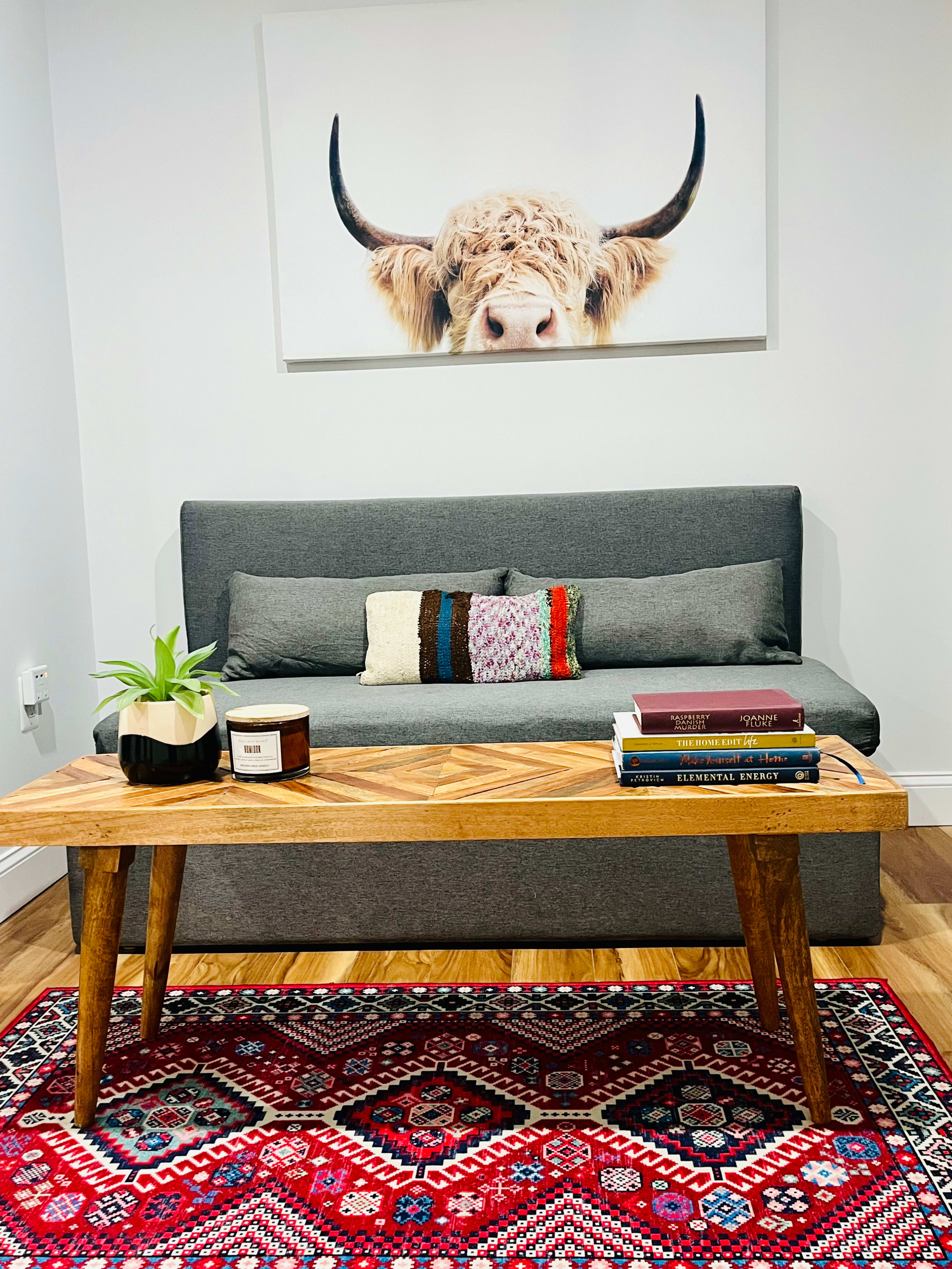 A gray couch with decorative cushions sits in front of a wooden coffee table on a patterned rug, featuring a large framed image of a cow's head on the wall above.