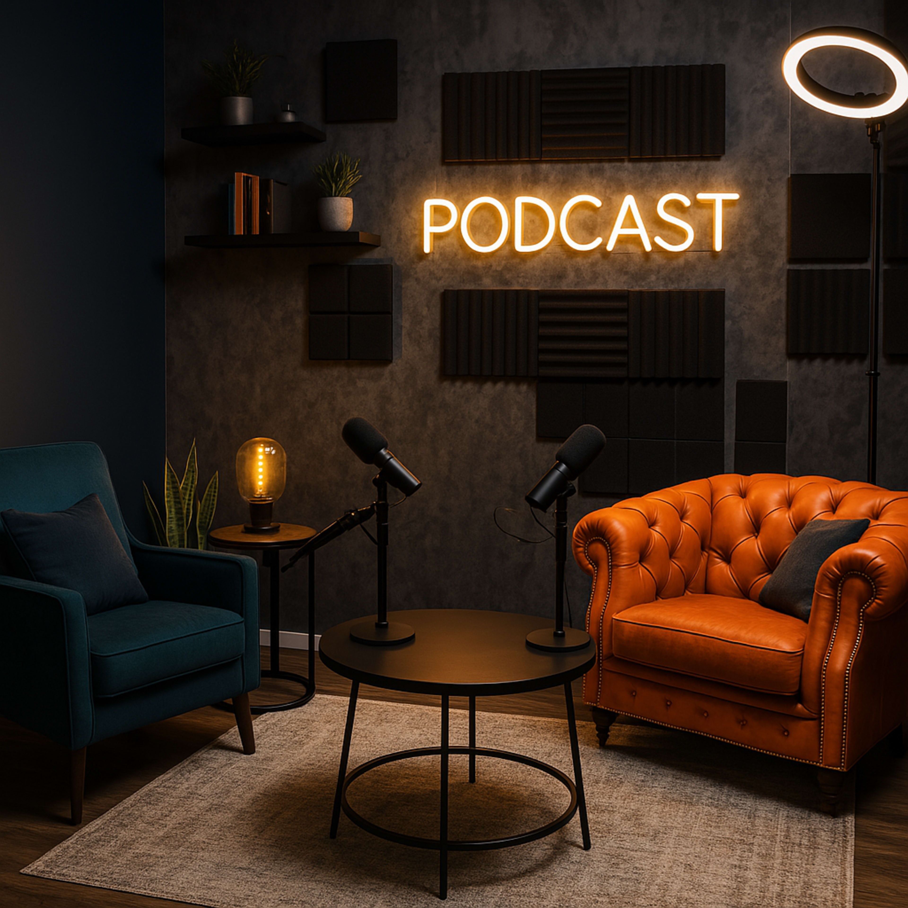 A cozy podcast studio features two microphones placed on a table, a leather armchair, a teal chair, and a neon sign reading "PODCAST" on the wall.