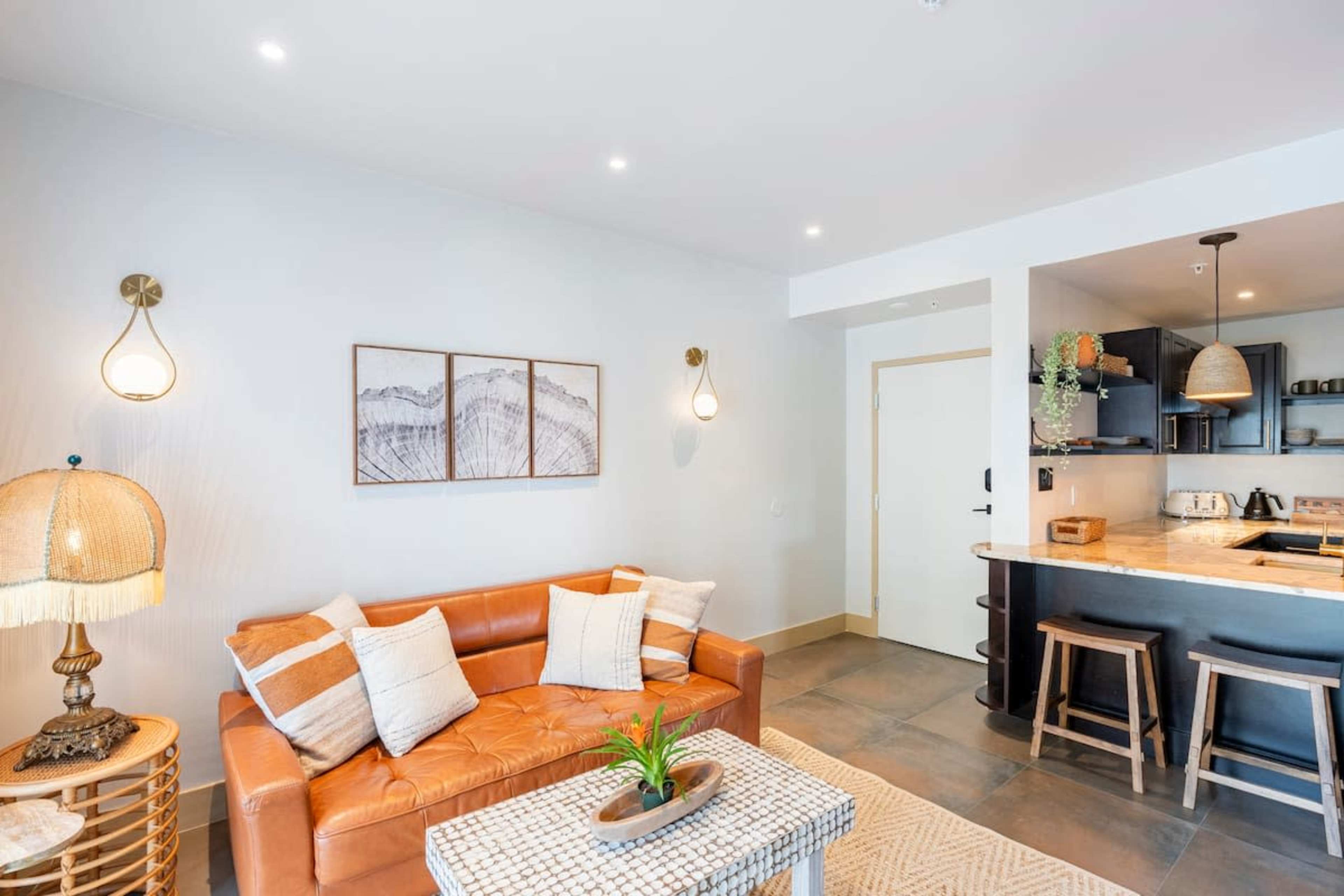 The image shows a modern living room with a brown leather sofa, a coffee table, and a kitchen area featuring dark cabinetry and a wooden countertop.