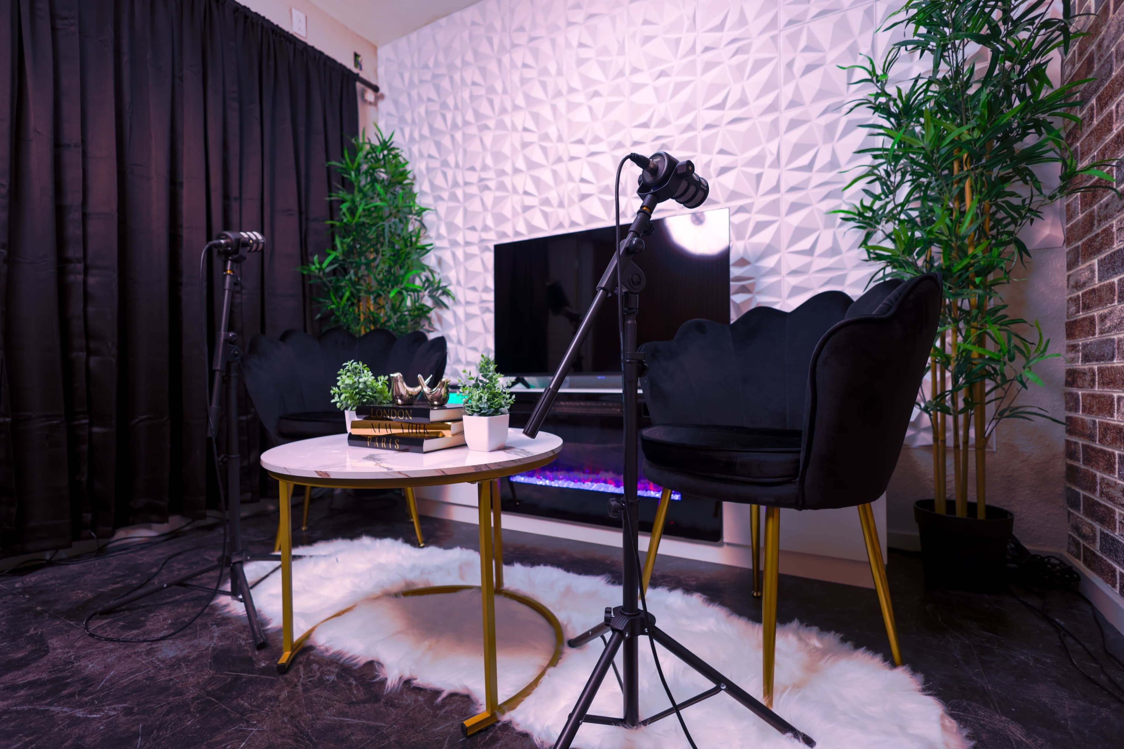 The image shows a stylish living space with two black chairs, a round table adorned with plants, and a television set against a textured wall, surrounded by artificial greenery.
